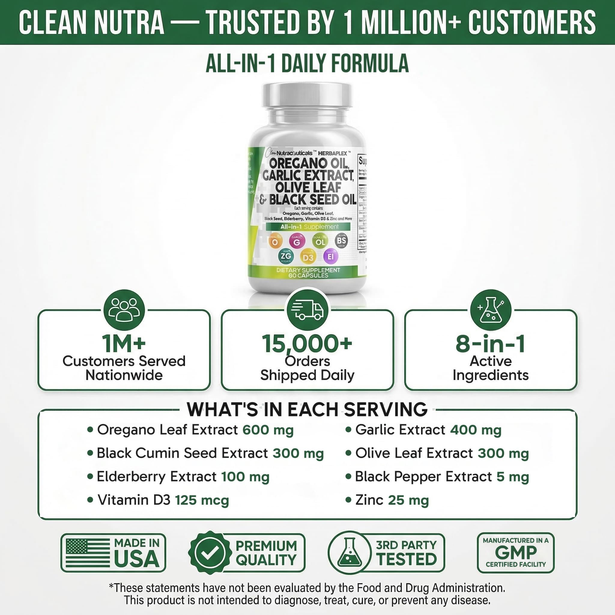 Clean Nutra Oregano Oil with Black Seed Oil Garlic Olive Leaf Extract - Oil of Oregano Capsules Immune Support Carvacrol & Thymoquinone Supplement for Women and Men + Elderberry Vitamin D3 & Zinc — Amazon image 8