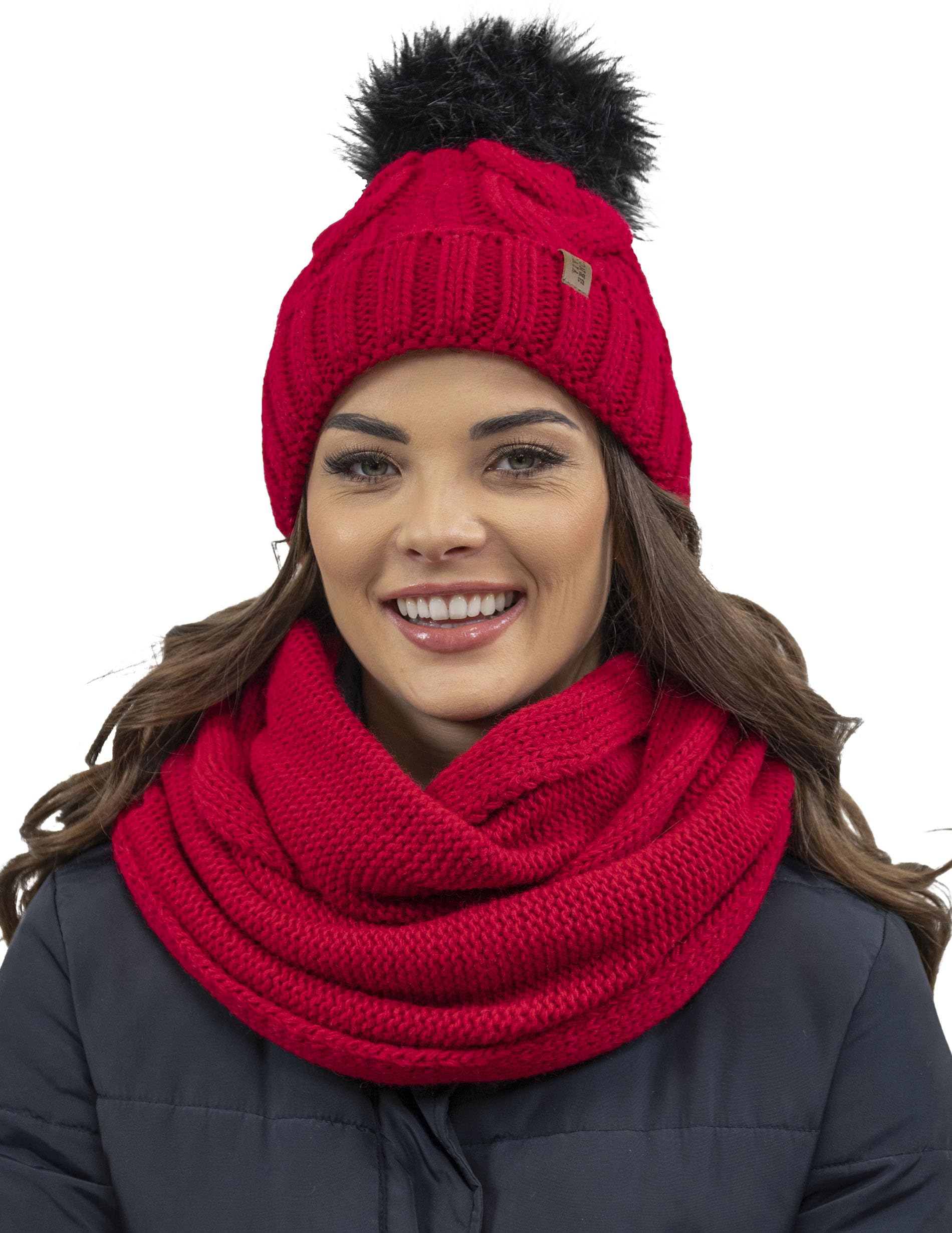 Vivisence Stylish Women's Winter Set Including Pompom Hat and Cozy Snood Scarf Made from Soft and Warm Fabric Smooth Fleece Lining Ideal for Cold Days, Red,UNI