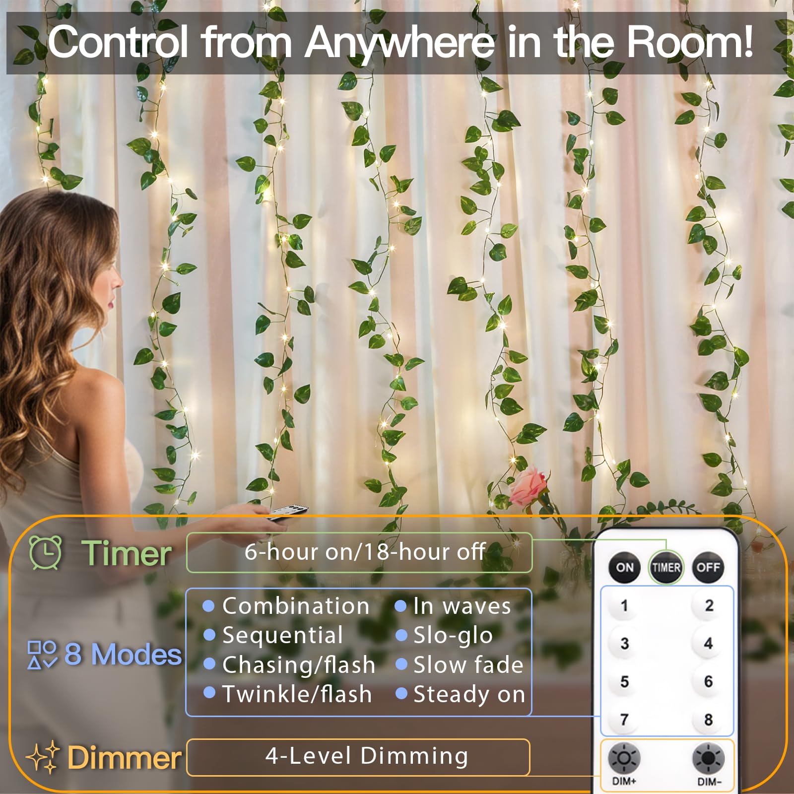 suddus 200 LED-Reben mit Lichtern, 2 x 2 m, Pothos-Vorhang-Lichterkette mit Fernbedienung, hängende Lichterkette mit Ranken für Schlafzimmer, Wand, Schlafsaal, Hochzeit, Party, Innendekoration
