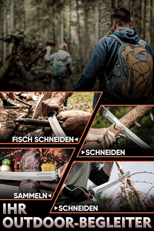 Dream Reach Túlélő Kés 21cm Rögzített Pengével - Vadász Machete Bőr Tokkal Kemping Túrázás Horgászat Outdoor Survival Kés
