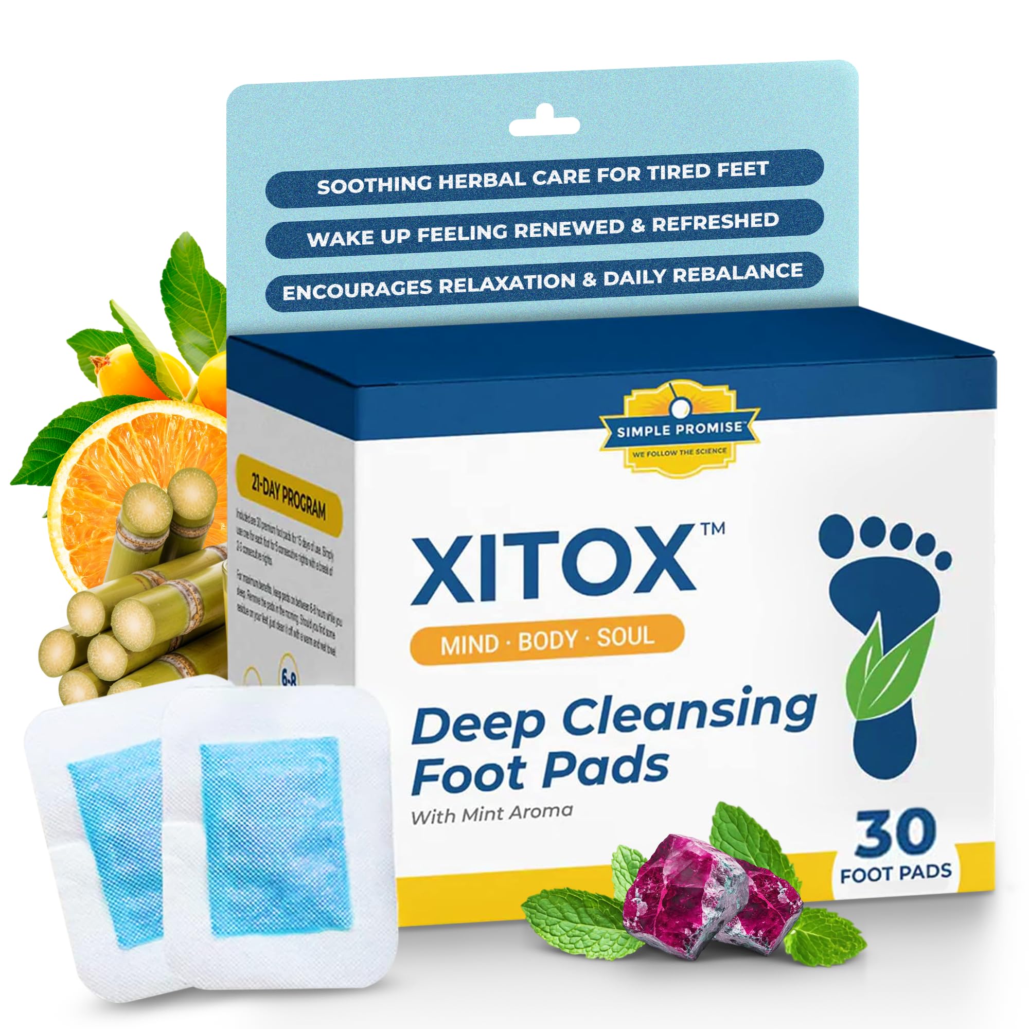 Simple Promise - Xitox Deep Cleansing Foot Pads - Supports Restful Sleep & Helps Remove Tension - Natural Herbal Ingredients for Feet - Comfortable Adhesive & Easy Peel - 30 Foot Patches - Mint Aroma
