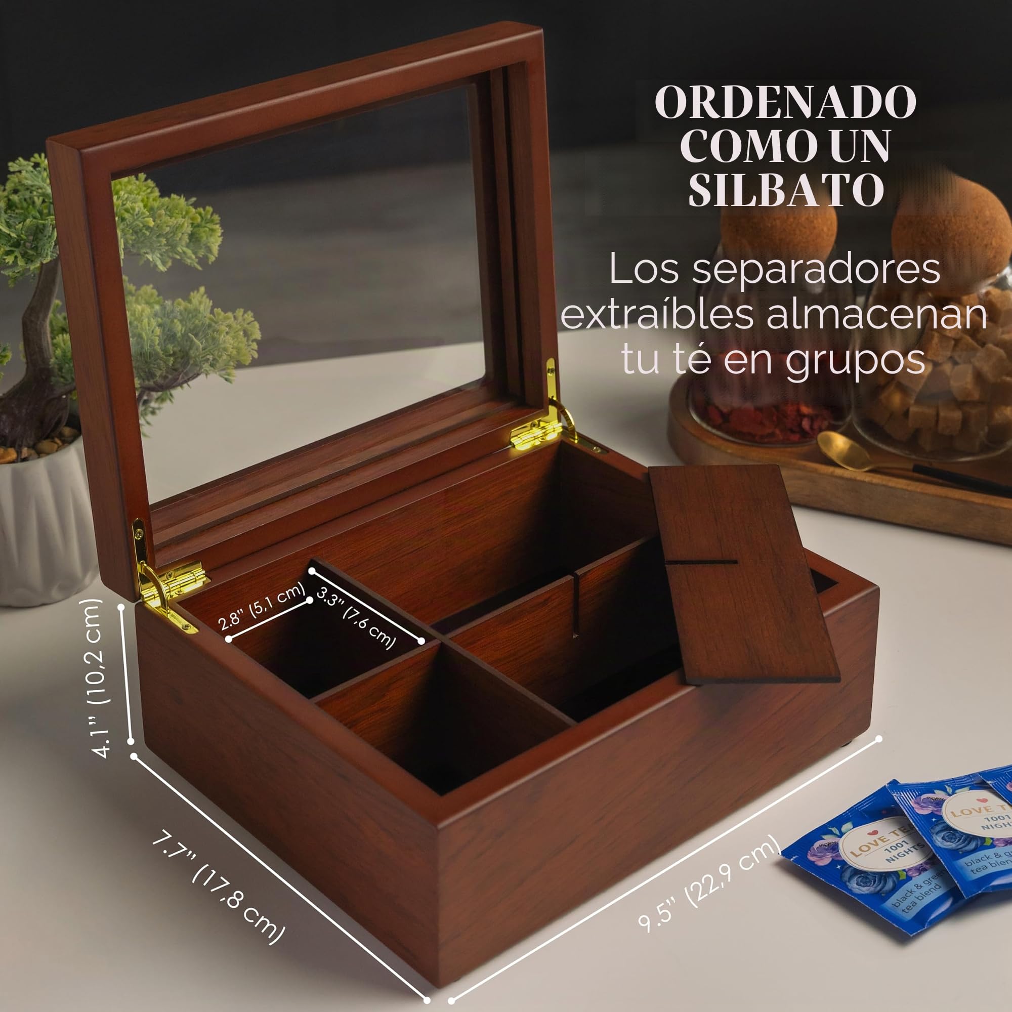 Apace Living Caja de té de madera de lujo – 6 compartimentos para guardar bolsas de té – Caja de té hecha a mano con ventana resistente a los arañazos – Elegante caja de almacenamiento para bolsas de