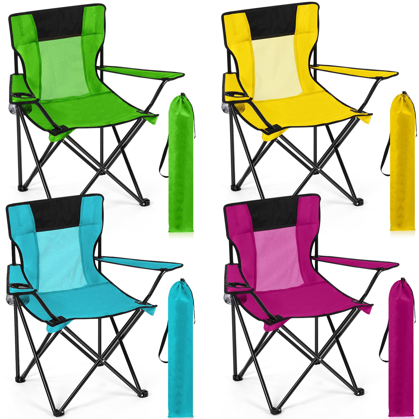 Shellwei Breathable Folding Camping Chair with Cupholder Carry Bag Regular Size Portable Lightweight Lawn Chair with Side Pocket Fishing Hiking Picnic