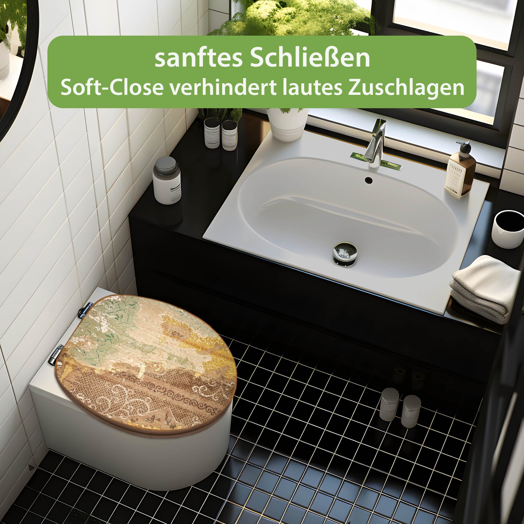 banjado Design WC Sitz Bambus Absenkautomatik 45,8x37,5cm - Toilettendeckel mit Absenkautomatik Holz - hochwertiger Bambus Klodeckel - WC-Sitz für gängigen Toiletten - Motiv Alte Tapeten
