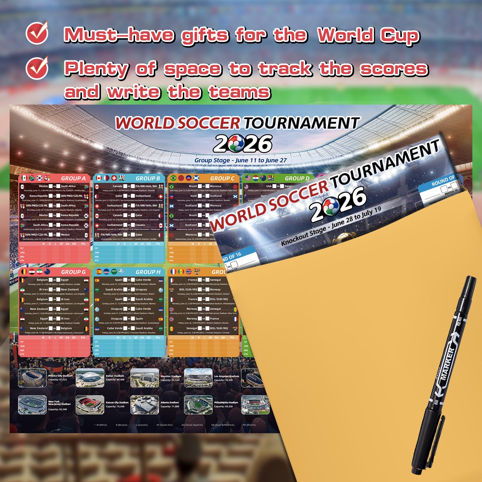 AhfuLife Soccer Schedule Poster 2026, A2 Size-23.3" x 16.5", 2 Pcs Match 2026 Calendar Wall Chart Decorations, Soccer Tournament Wallchart for Fans Home Office Bar Party Decor — view 7