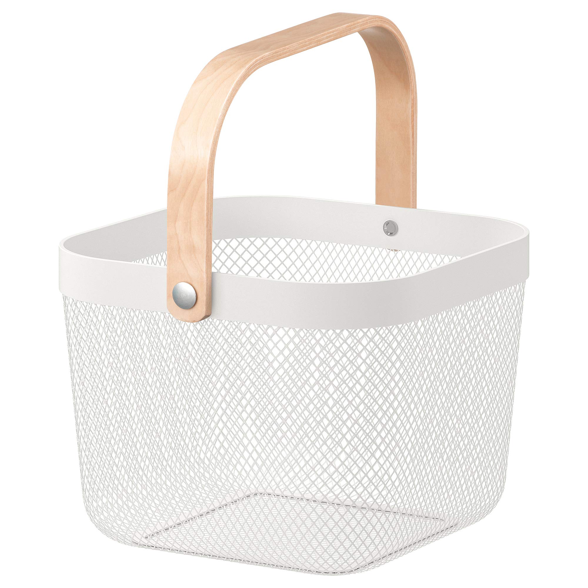 Panier RISATORP blanc corbeille à fruits en maille métallique avec anse bois