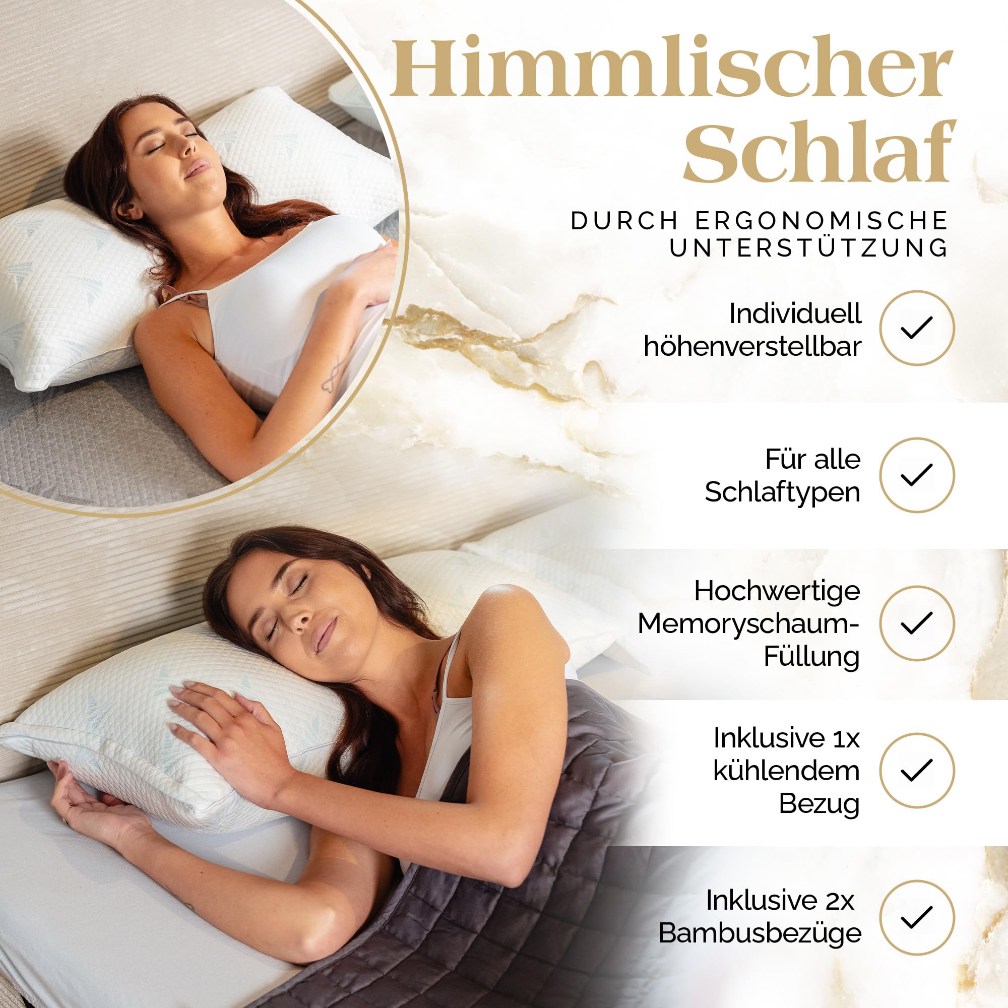 Akroma® 2er Set Memoryschaum Kissen 40×80cm - inkl. Wechselbezüge, ergonomisch, höhenverstellbar, für alle Schlafpositionen, atmungsaktiv, hypoallergen, Oeko-Tex Zertifiziert