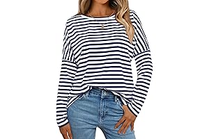 Womens Striped Oversized Long Sleeve Casual Crew Neck Basic Tops