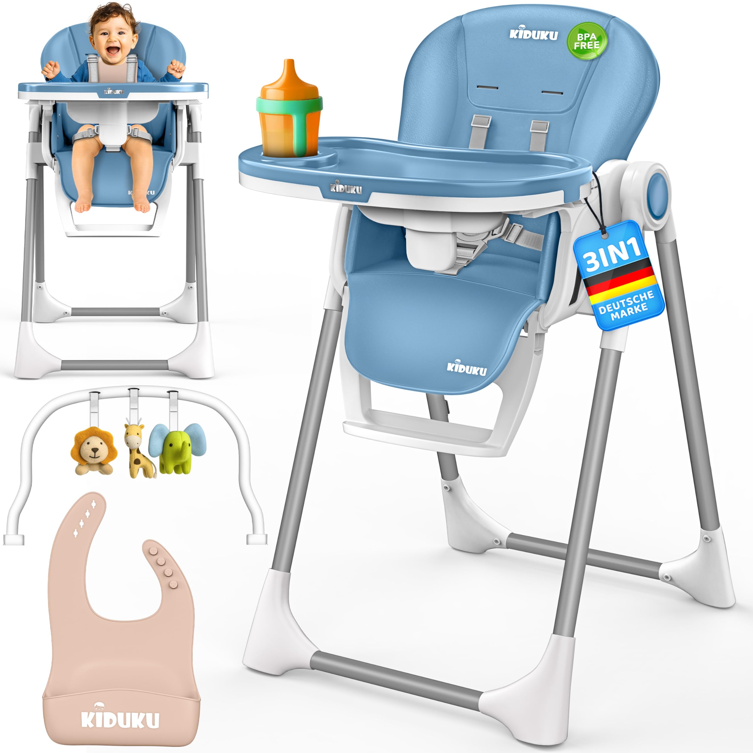 KIDUKU® Hochstuhl Baby 3in1 mit Neugeborenenaufsatz + Lätzchen, Aktivitätsbogen & Tisch | Kinderhochstuhl klappbar mit Liegefunktion | Kombihochstuhl höhenverstellbar | mitwachsend 0-36 Monate