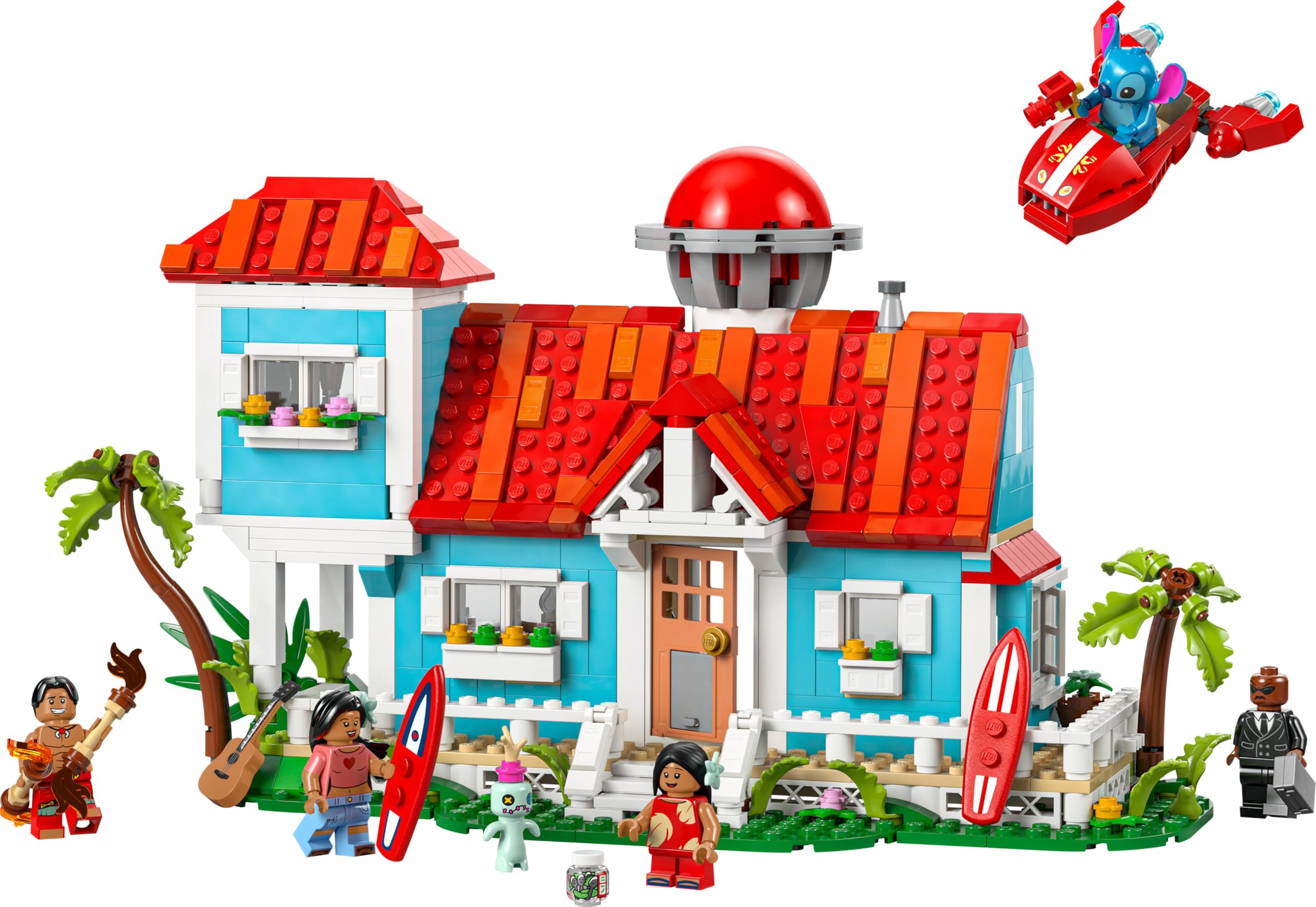 LEGO ǀ Disney Casa en la Playa de Lilo y Stitch de Juguete con 6 Habitaciones, Observatorio, Nave Espacial, 5 Minifiguras, Tabla de Surf y Más, Regalo de Cumpleaños para Niñas y Niños de 9+ Años 43268