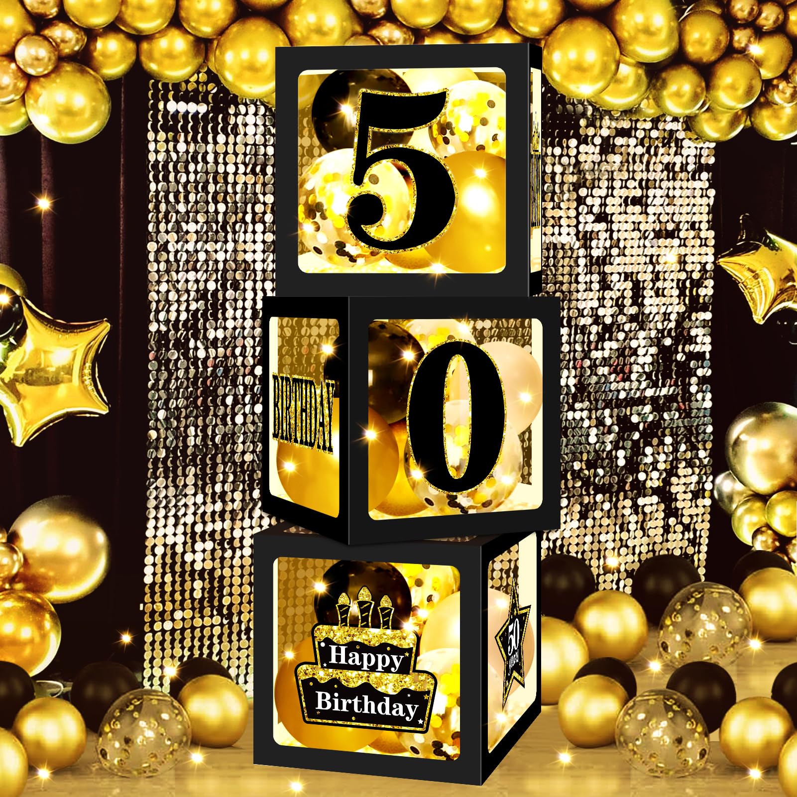 Turypaty 29Pcs 50th Birthday Balloon Boxes Decorations for Men Women, Black Gold 50th Birthday Transparent Balloon Boxes Party Supplies Decorations