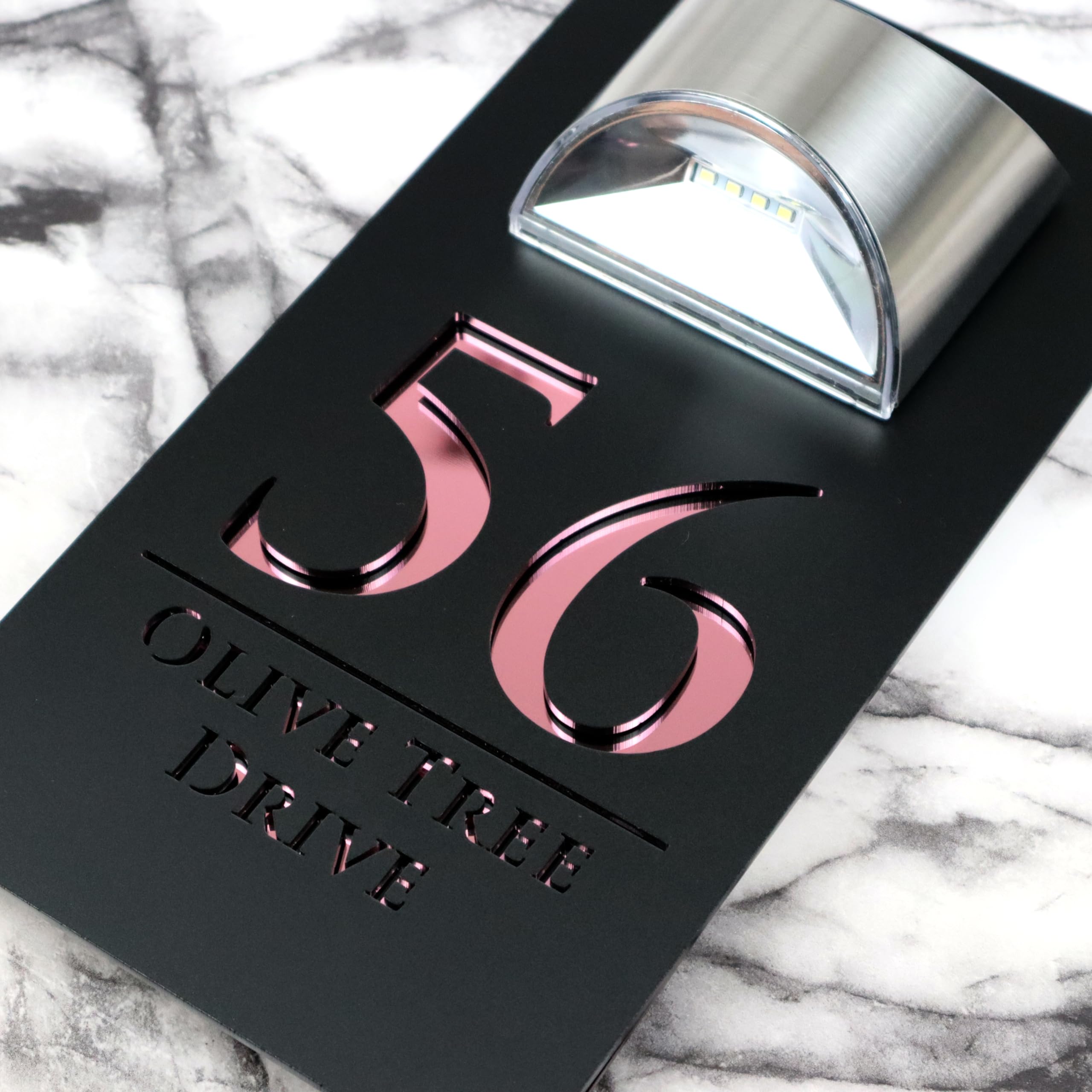 K Smart Sign | Bellissima LED F32 | Contemporary House Signs Plaques Door Numbers 1-9999 Street Name SOLAR LIGHT LED For Wall Personalised Laser Cut Mirror! (Matt Black & Rose Gold Mirror) โ image 1