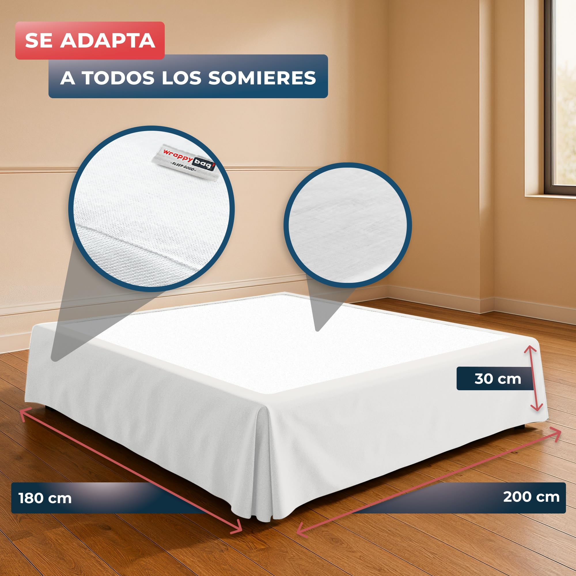 Wrappybag Falda de Cama Cubrecanapé 180 x 200 cm – Funda Somier con Faldones de Cama Largos hasta el Suelo – Renueva, Protege y Cubre tu Somier – Color Blanco – 8 Tamaños