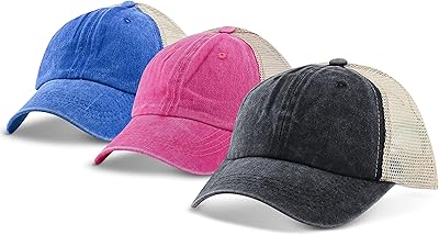 3 Pack Trucker Hats for Men/Women-Washed Baseball Cap for Outdoor Sports-Vintage Dad Hat,Mesh Back, Adjustable Buckle Closure (Blk/Pnk/Blu)