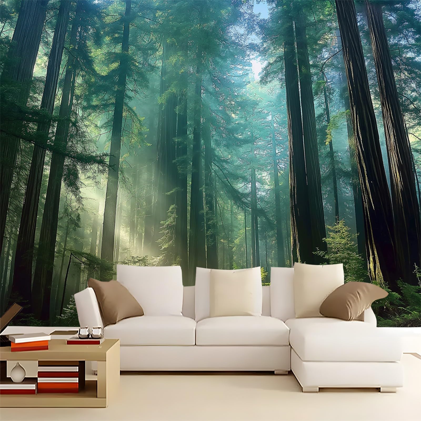 Tapeta 300 x 210 cm, tapeta z włókniny, naturalny las sekwoi, dekoracja słoneczna, wodoodporna, folia ochronna na ścianę, do sypialni, salonu, tapeta ścienna, fototapeta zielona, w zestawie poradnik