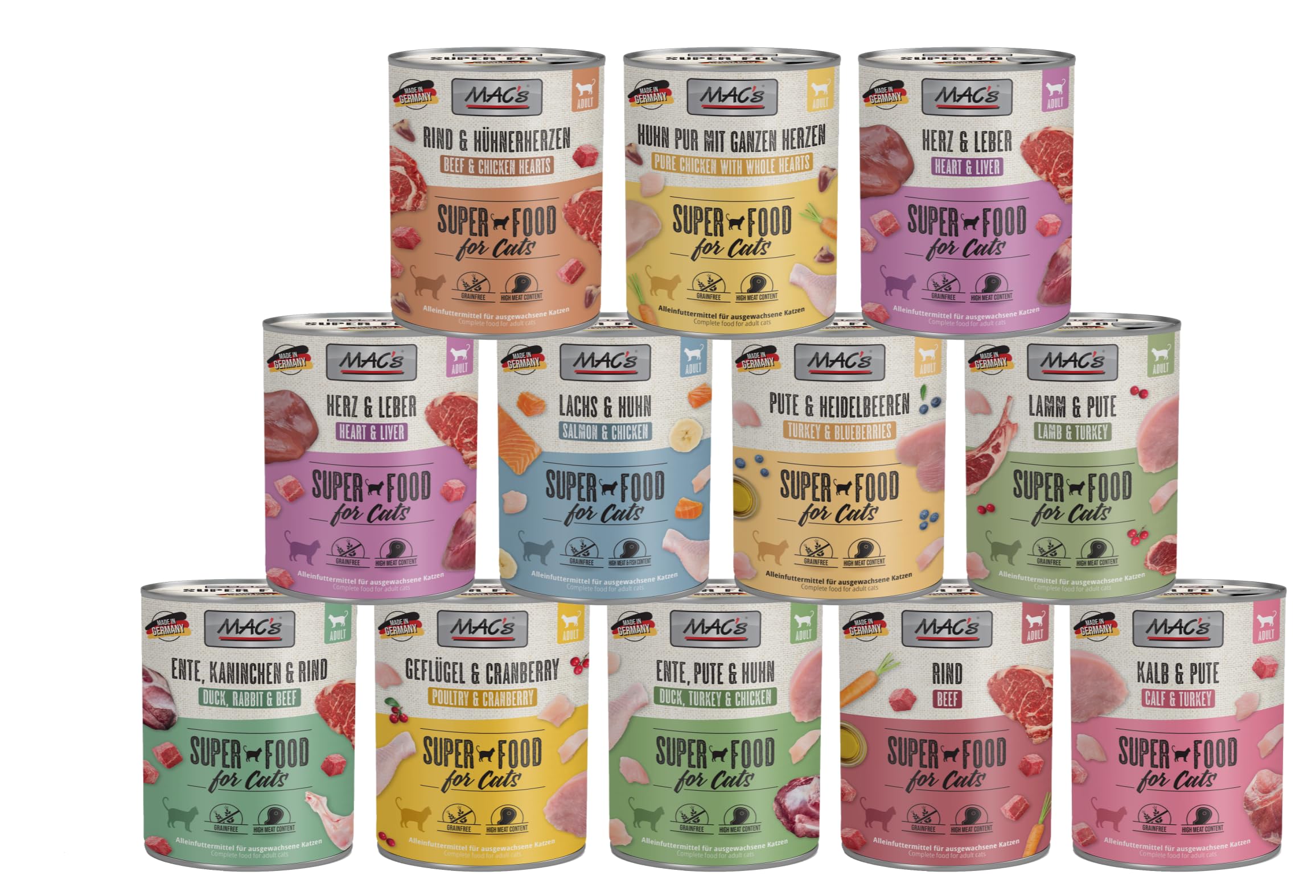 Mac's Cat 12 x 800g Mixpaket | Garantierter 6-Sorten-Mix | Getreidefreies Premium-Nassfutter für Katzen | Ideale Kombination aus hochwertigen Zutaten + Gratis Milky Shake Sachet