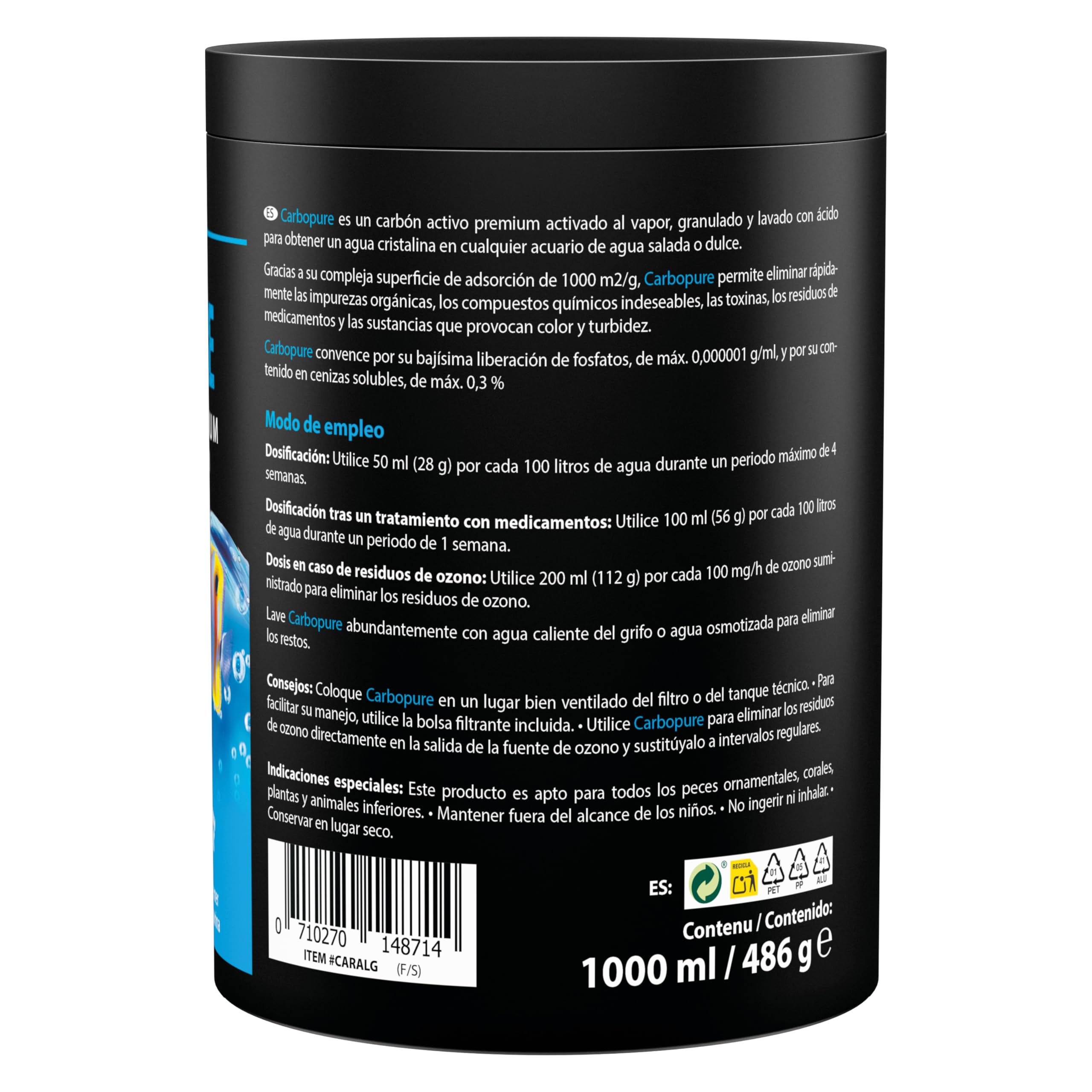 Carbón Activo Acuario – ARKA Carbopure 1000 ml / 486 g – Elimina turbidez, restos de medicamentos y colorantes – Agua Clara en Horas – Dulce y Marino – Lavado ácido y Activado al Vapor — view 3