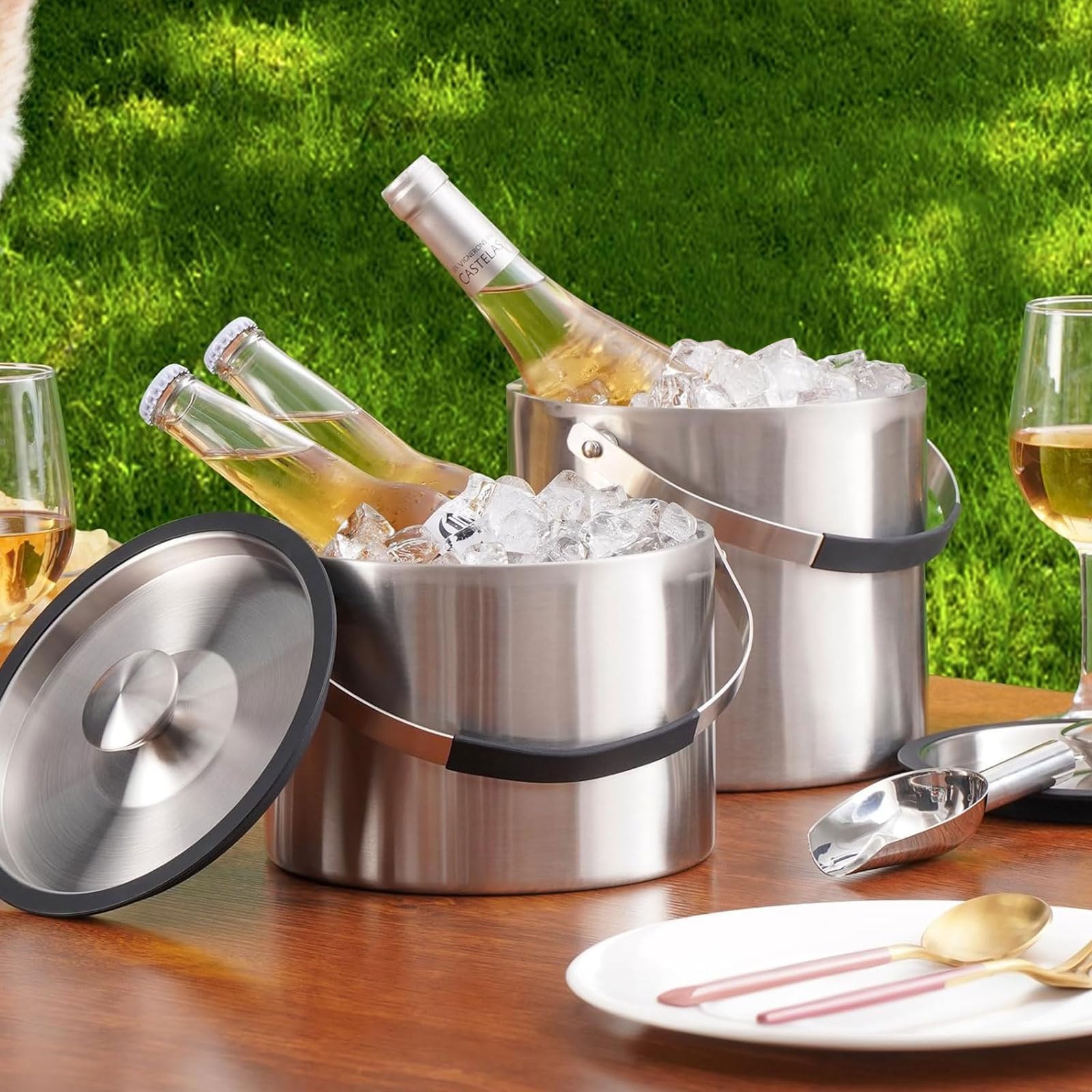 Contenitore per ghiaccio in acciaio inox, 3 l, con coperchio ermetico, colino e pinza per ghiaccio, a doppia parete, ideale per raffreddare birra, champagne e frutta