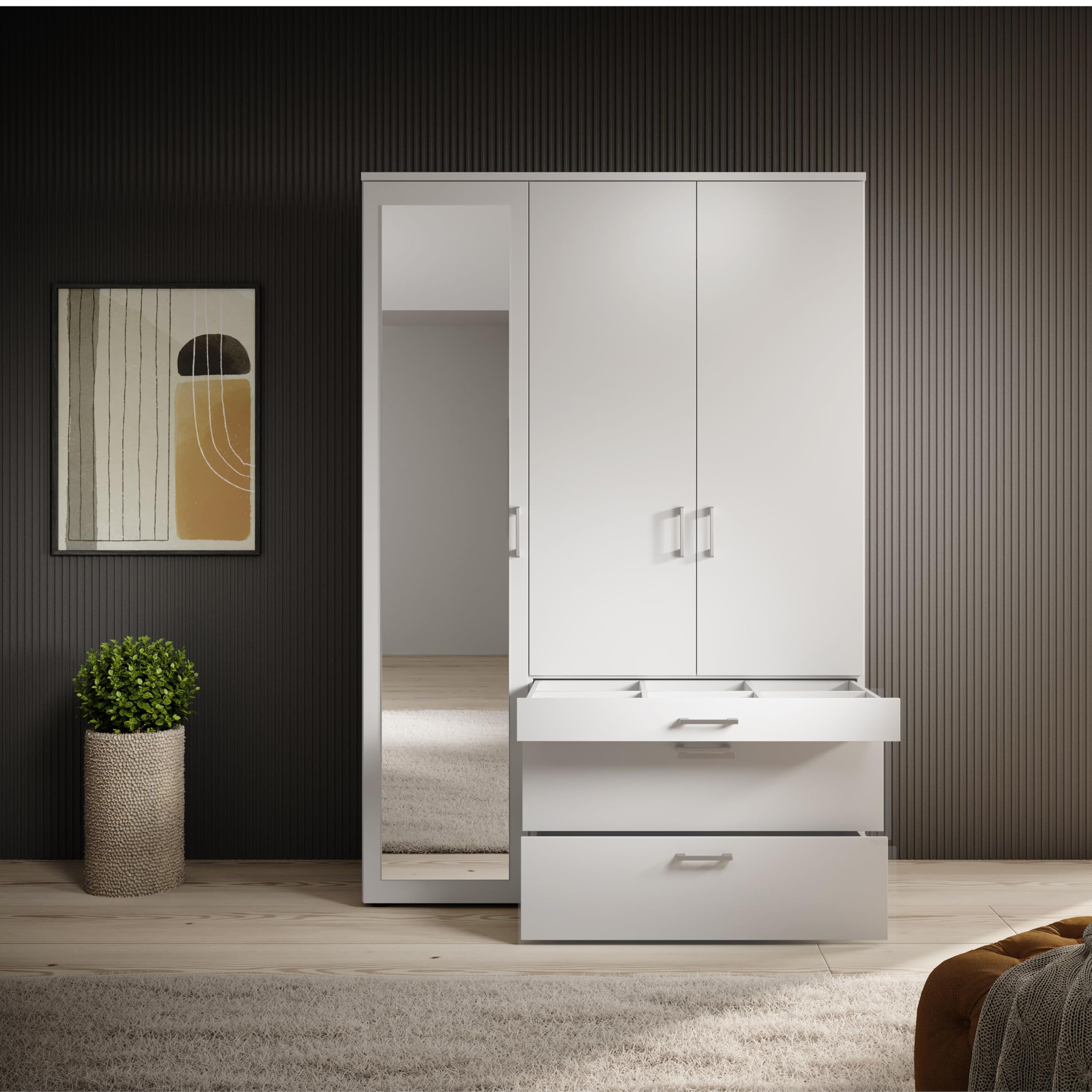 VESALA Kleiderschrank mit Spiegeltür in Weiß, 3-türig Drehtürenschrank | 135 x 195 x 56 cm (B/H/T), Schlafzimmer, Kleiderstange, 4 Ablageböden, 3 Schubladen, Schlafzimmerschrank, mit Spiegel