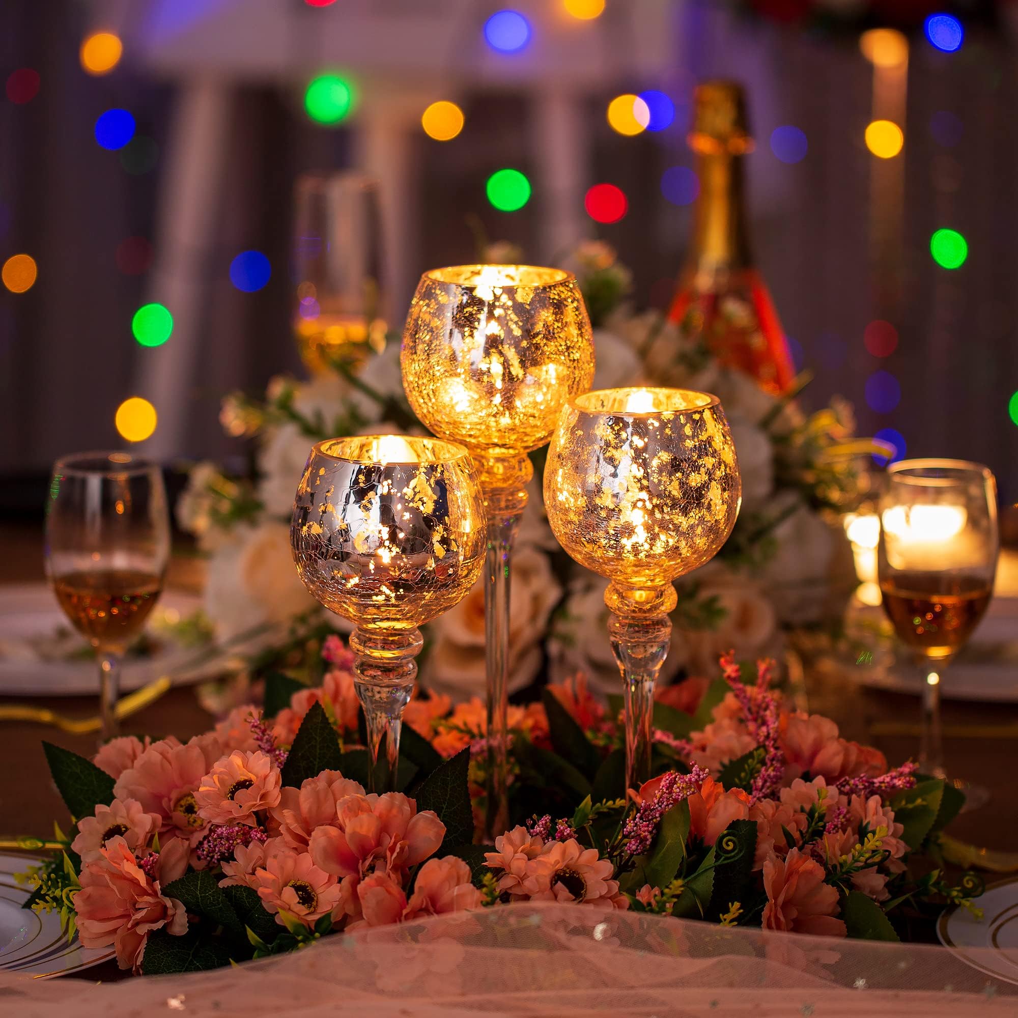 Romadedi Kerzenständer Glas Silber, 3er Set 23.5/25.5/31.5cm | Quecksilberglas für Teelichter und Votivkerzen, Hohe Windlichter für Tisch Wohnzimmer und Hochzeit