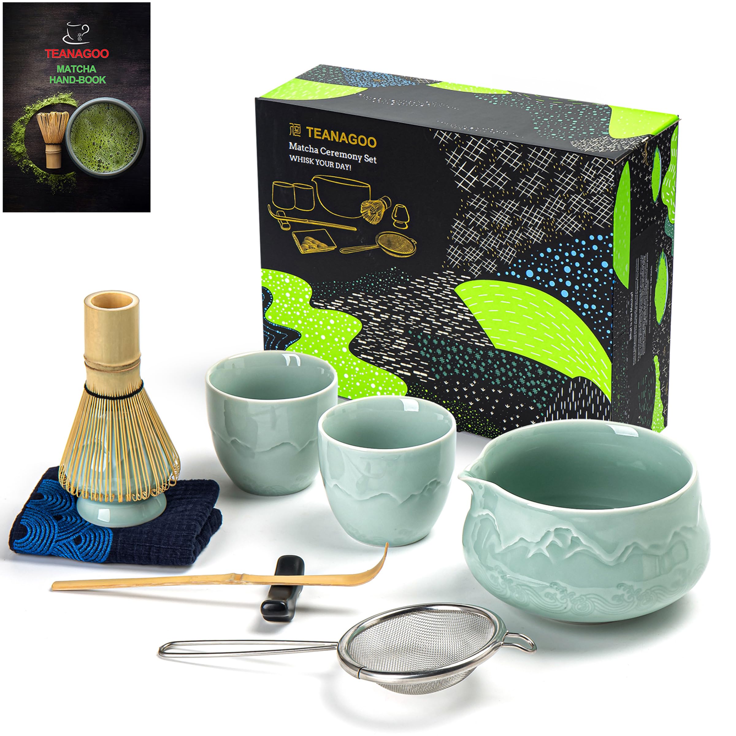 TEANAGOO Matcha Whisk Set 7pcs+2Cups(7.2oz),Ceramic Matcha Set,Matcha Kit for Ceremony,Matcha Tea Set for Making Breakfast,Whisk Set and Bowl with Scoop&Sifter,Gift for Friend
