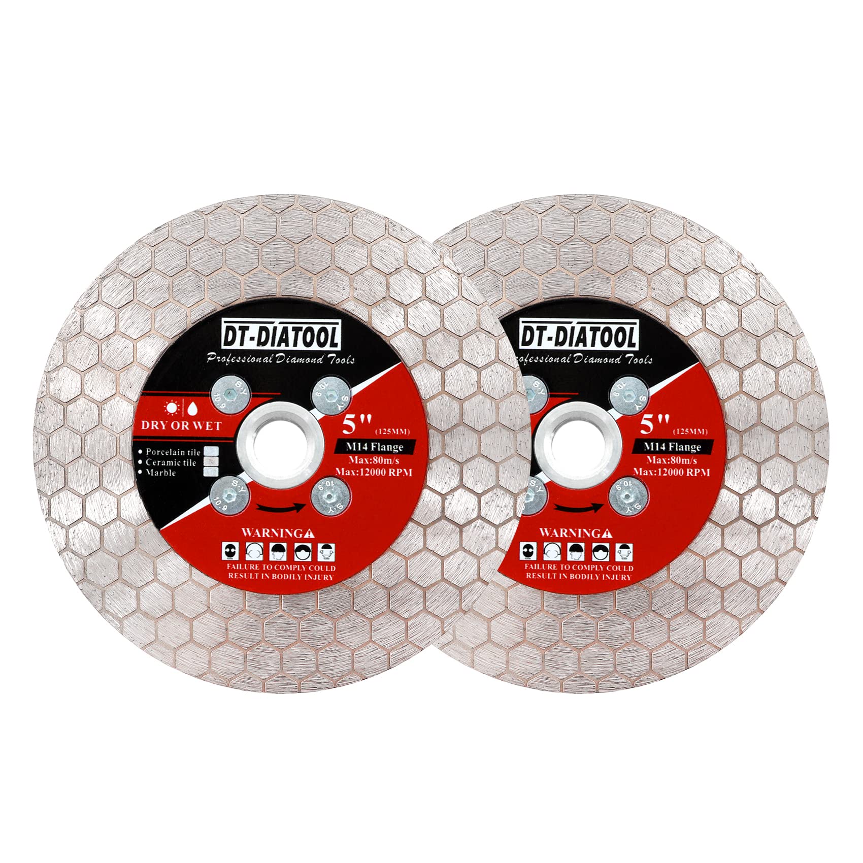 DT-DIATOOL Diamond Cutting Disc Tile Cutting Disc 125mm 2pcs with M14 Flange for Porcelain Ceramic Marble Artificial Stoneware Edge Grinding