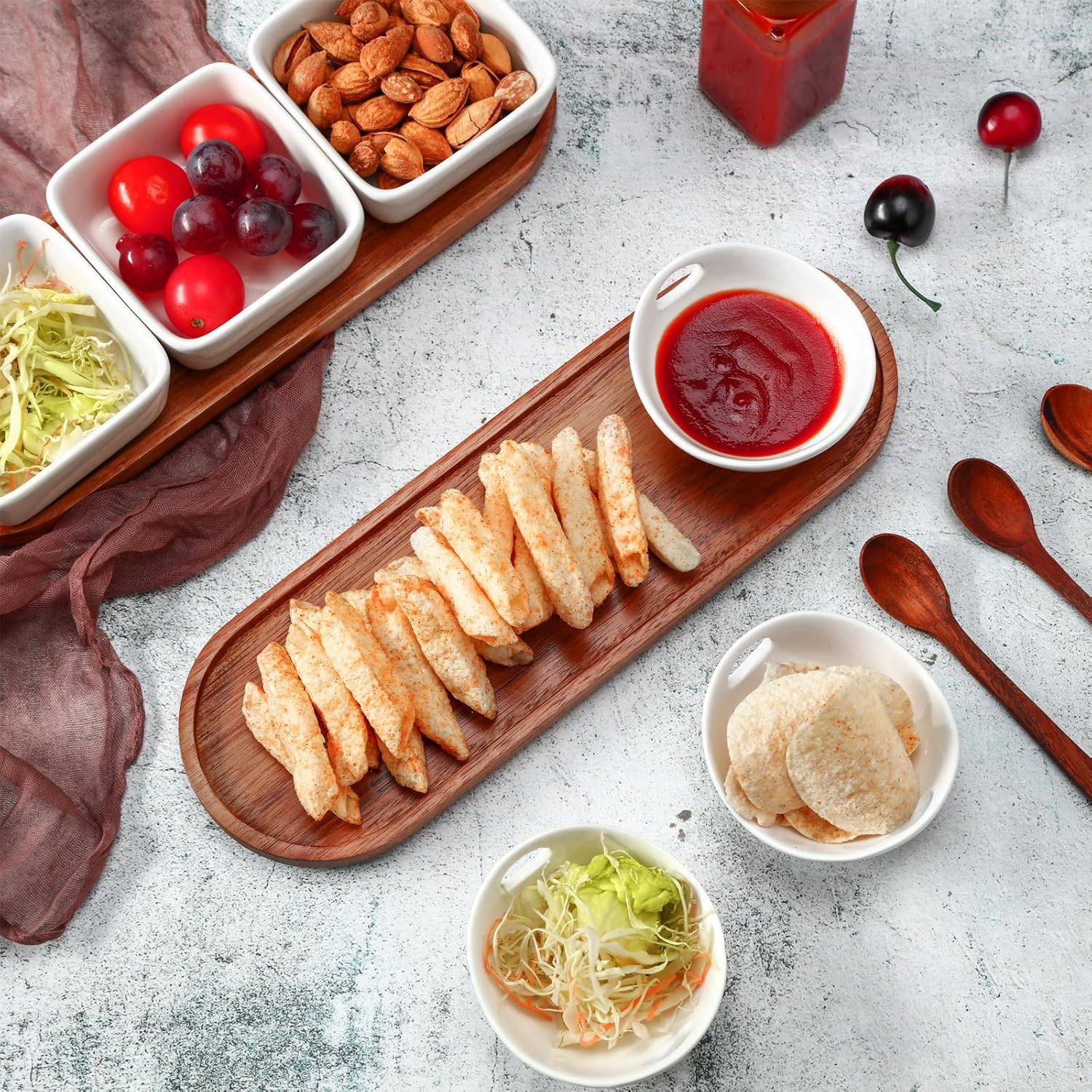 2 Sets Ceramic Chip and Dip Serving with Acacia Wood Tray and Spoons Serving Dishes for Entertaining 3 Dipping Bowls with Handles 3 Square Sauce Cups Condiment Tray for Snacks Appetizers
