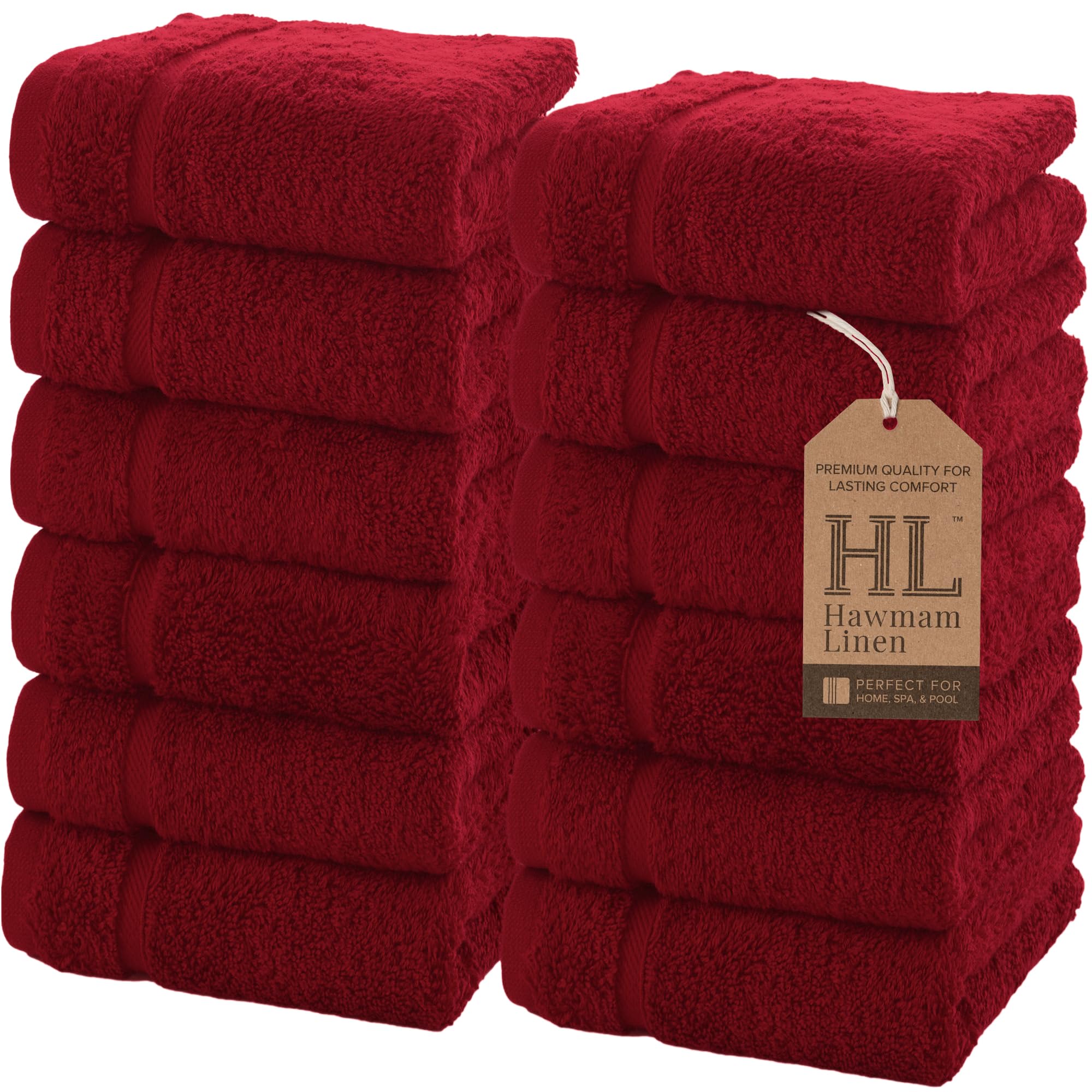 Hawmam Linen Wash Cloths, Turkish Cotton Washcloths, 12 Pack, Red
