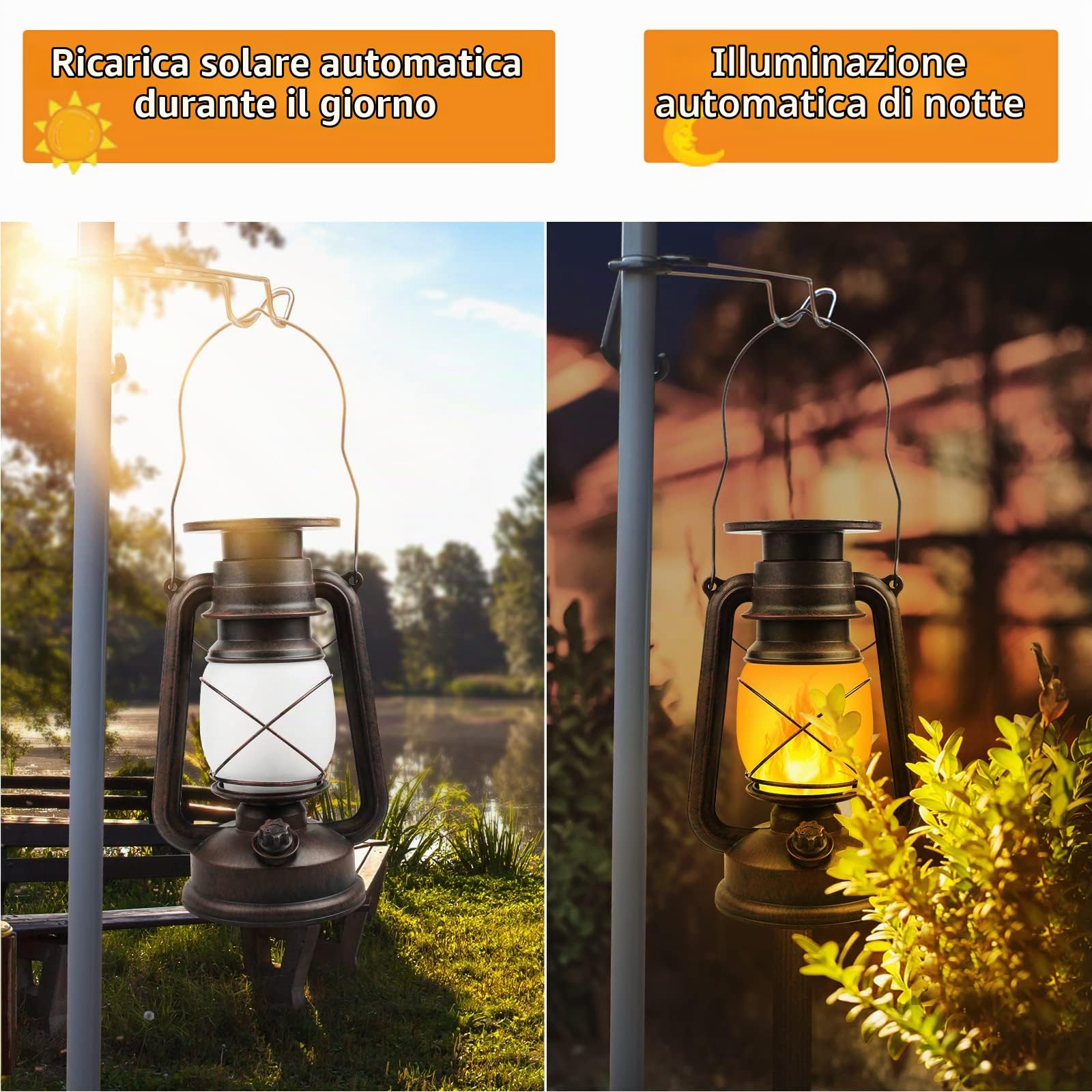 KINGLEAD Lanterna Solare da Esterno Vintage 2 Pezzi, Impermeabile IP65 LED Retrò Con Effetto Fiamme Dimmerabile, per Campeggio