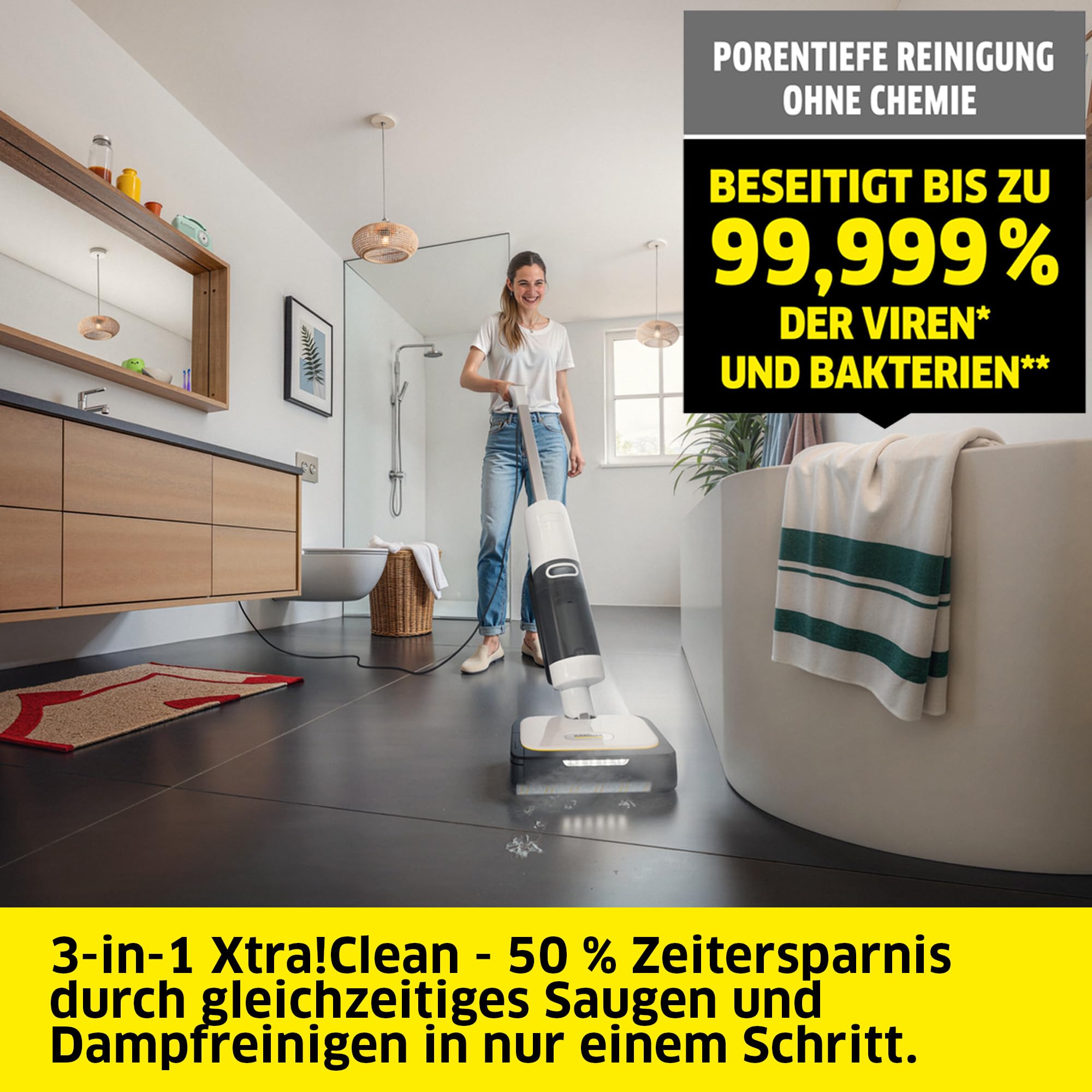 Kärcher Dampfsauger SCV 4 Steam Vac, 3-in-1 Lösung (Dampfreinigung, Saugen & Kombi), eliminiert 99,999% Viren* & Bakterien**, Aufheizzeit: 30 s, Entkalkungskartusche, Selbstreinigungsfunktion