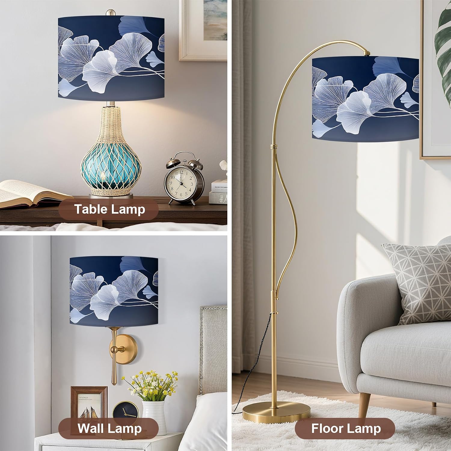 Table Lamp Shade, 13”W x 10”H HD Printing Geometric floral leaves marble Lampshade, Lamps shades, Modern Lampshade Decor for Table and Floor Lamps (Ginkgo Leaf)