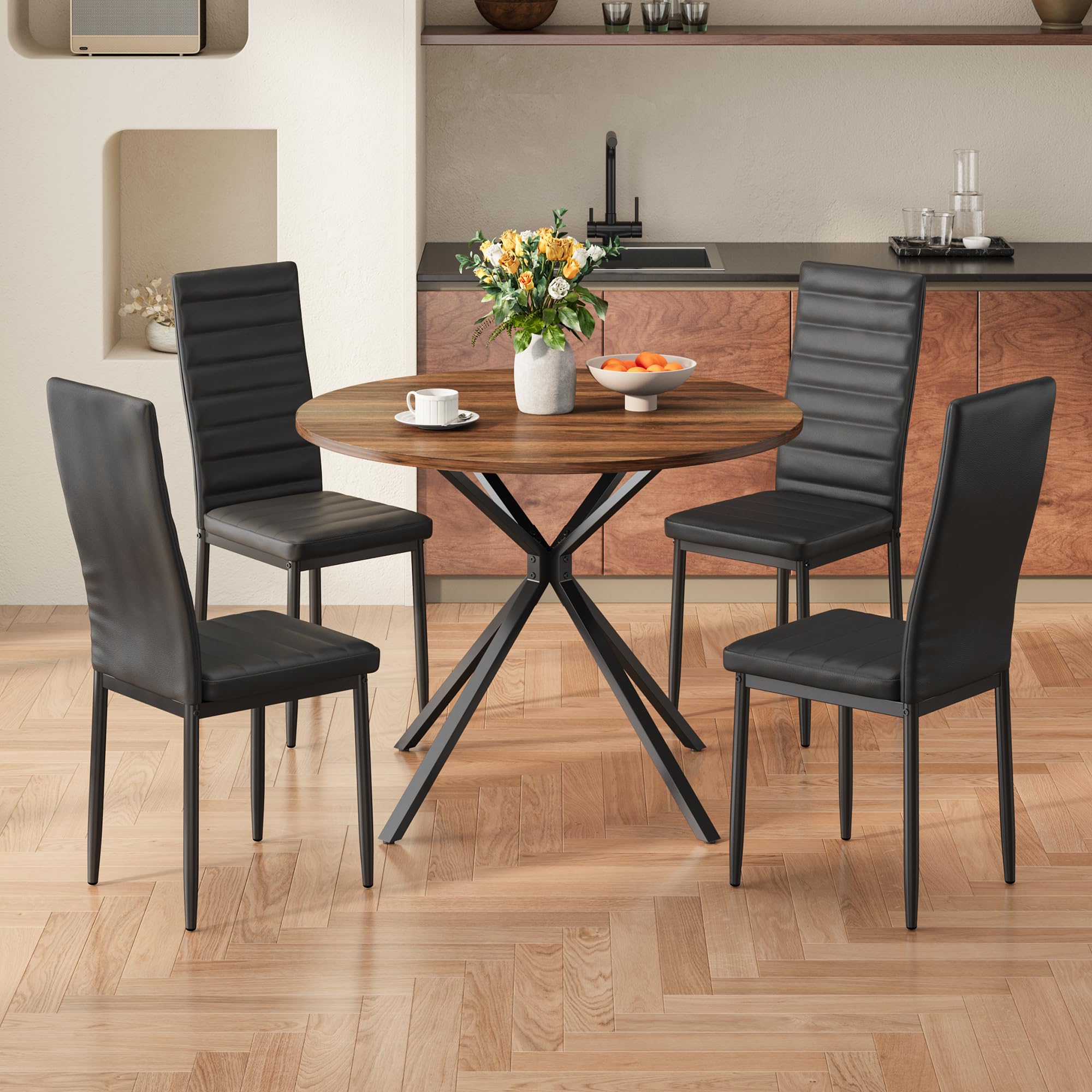 Xbro Essgruppe 5-Teilig, Runder Esstisch Ø100 cm und 4 Polsterstühle, Moderner Holz-Esstisch mit gepolsterten Esszimmerstühlen, für Küche, Esszimmer, Wohnzimmer, Vintage