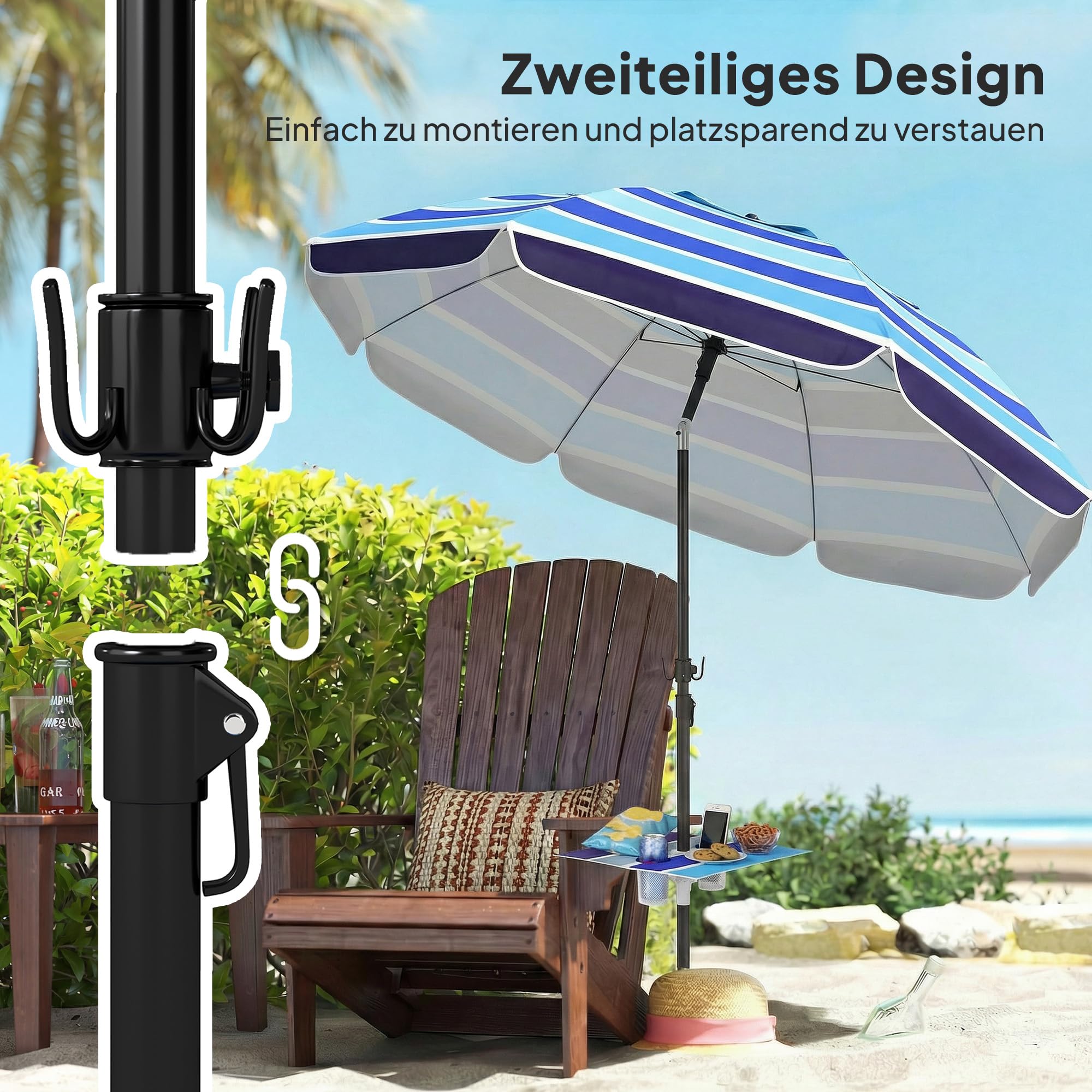 Outsunny Sonnenschirm Strand Ø198 cm UV30+ Strandschirm mit klappbar Tisch Getränkehalter verstellbarer Neigung Balkon-Schirm mit Tragetasche Haken Gartenschirm für Reisen Strand Camping Mehrfarbig