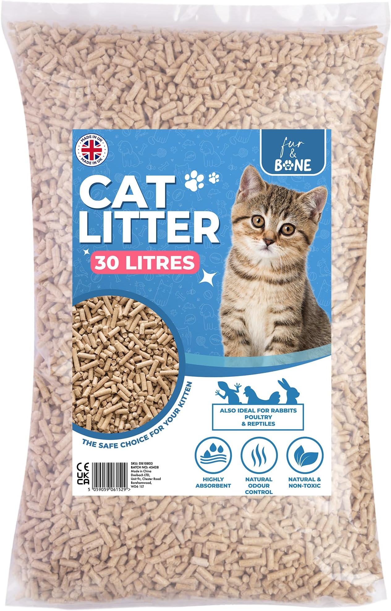1 x 30L Cat Litter - Ultra Absorbent Biodegradable Wooden Pellets, Natural Scent, Odour Control, Soft Bedding for Comfort, Made from Virgin Wood - Unscented