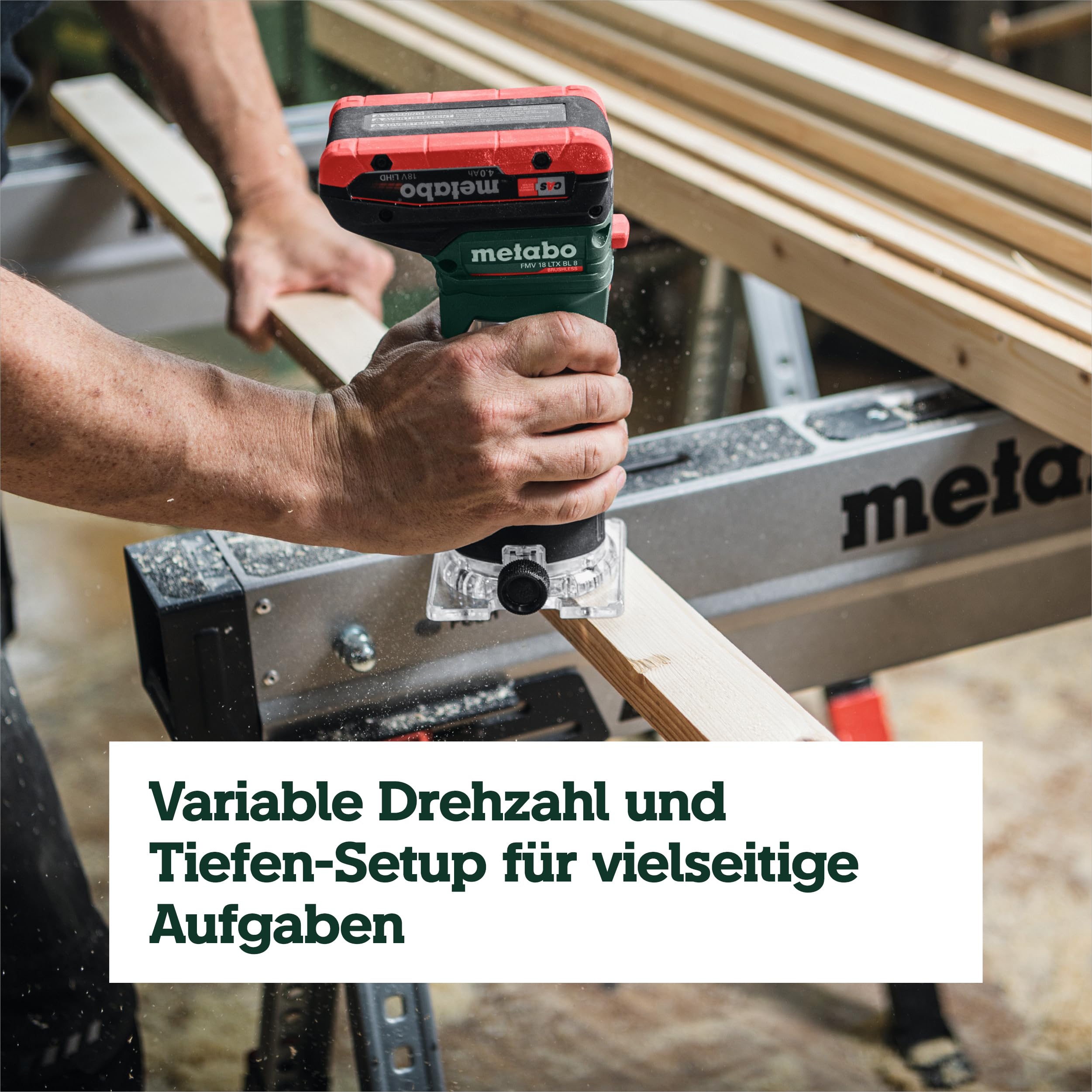 metabo FMV 18 LTX BL 8 Akku-Kantenfräse, Brushless-Motor, 6/8 mm Zangen | Variable Drehzahl 4800-29000 U/min, stufenlose Tiefeneinstellung, im Koffer metaBOX 145 L, ohne Akku und Ladegerät