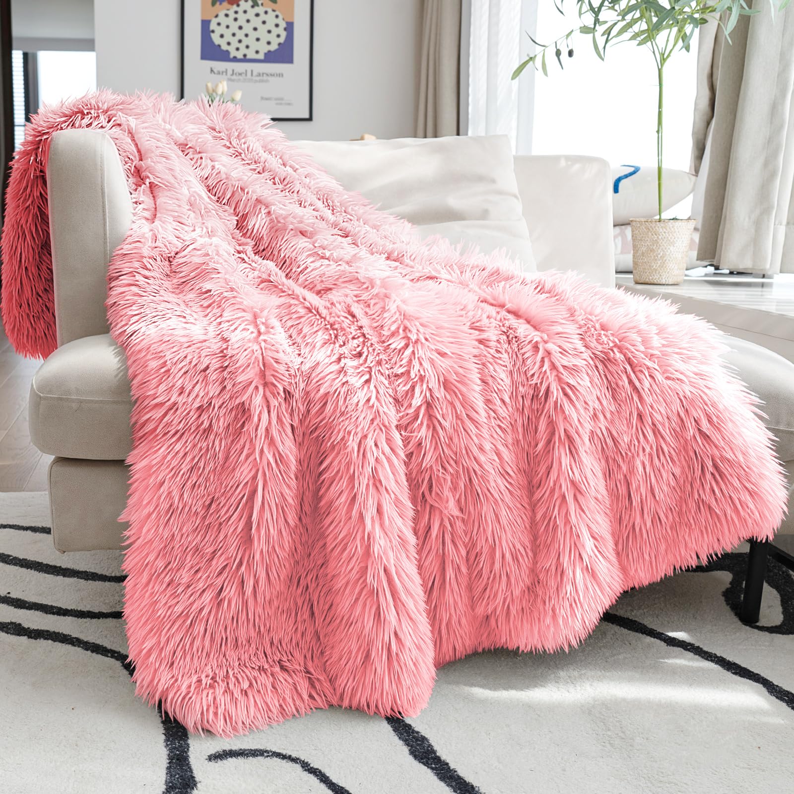 JONIYEAR Extra 2.8" Long Hair Fluffy Faux Fur Throw Blanket 50" x 60", Luxury Soft Decorative Fuzzy Furry Blankets for Couch, Cozy Plush Shaggy Blankets for Sofa Bed, Cute Lovely Blanket for Pet, Pink — image 1