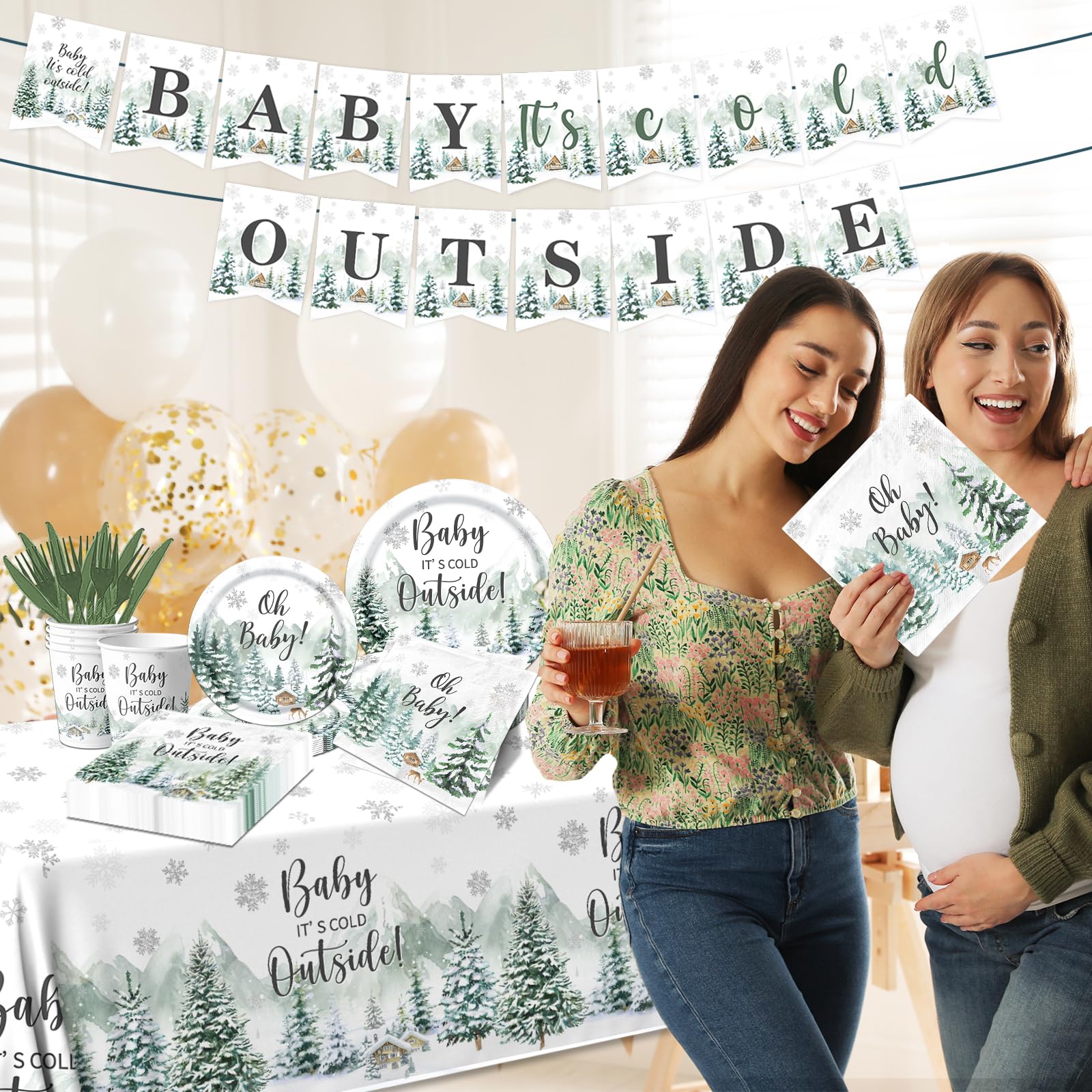 Decoraciones de invierno para baby shower, 142 piezas con texto en inglés "Baby It's Cold Out" para baby shower, platos de bosque, servilletas, mantel, pancarta de revelación de género, decoraciones