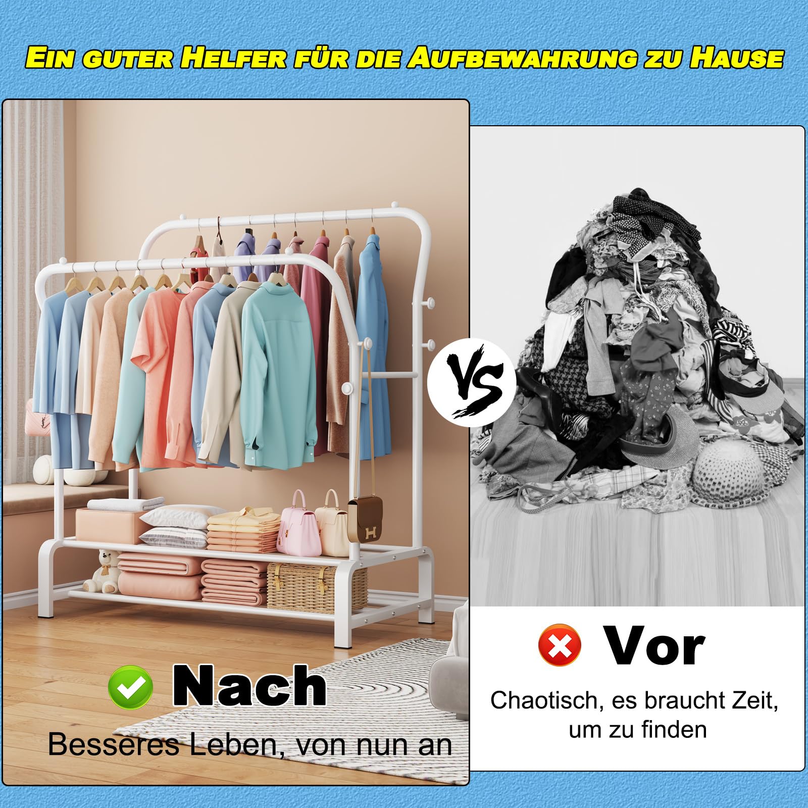 OPPAIYA Schwerlast Kleiderständer & Garderobenständer mit Doppel-Kleiderstange und 8 Haken, Stabiler Metall Kleiderwagen mit breiter Bodenablage, Für Schlafzimmer oder Flur – 110×51×145 cm, Weiß