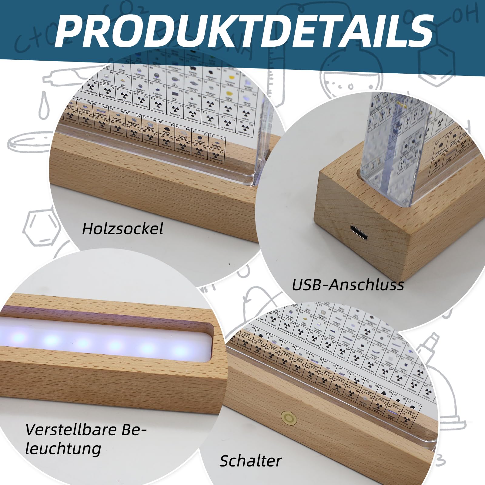 LED Acryl-Periodensystem m. 83 echten Elementen – Lehrmittel & Geschenk