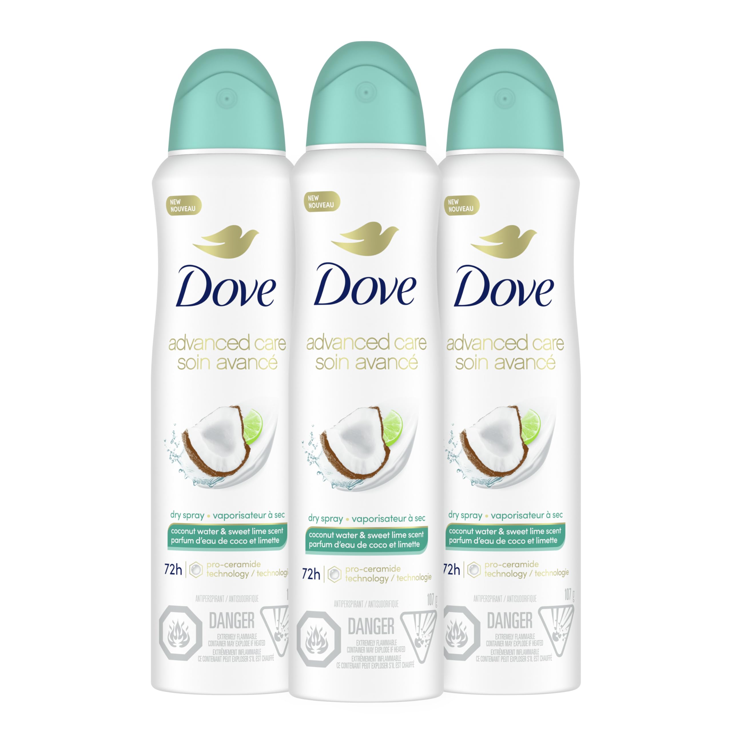 DoveAntiperspirant Deodorant Dry Spray Coconut Water Lime scent 3ct skin  repair after shaving with odor control sweat protection Pro Ceramide