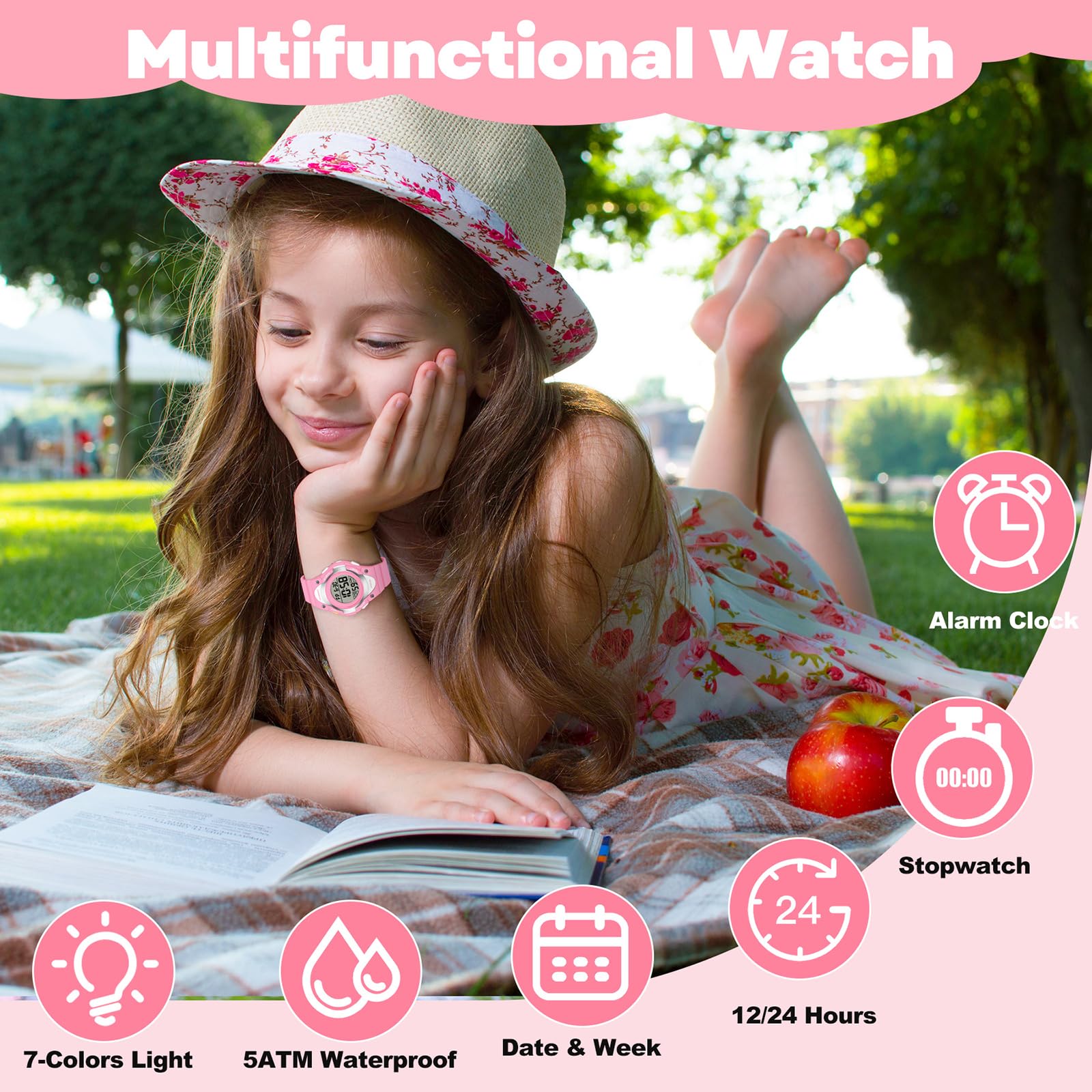 Timever Orologio Digitale Bambina Bambino con cinturino in silicone, impermeabile 5 ATM, orologio sportivo da polso ragazza ragazzo con sveglia, cronometro, data, luce