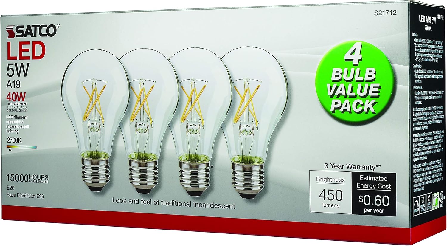 Satco S21712 Medium Bulb in Light Finish, Clear