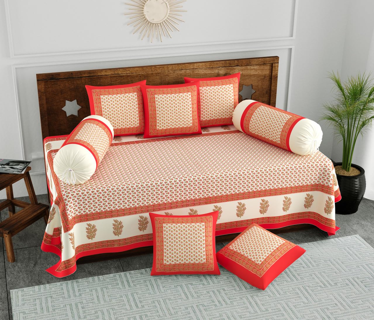 Pure Cotton Diwan Set 8 Piece, Red & Ochre Floral Buti, Jaipuri Handcrafted Print, 1 Bedsheet 2 Bolster 5 Cushion Covers, Traditional Diwan Set for Living Room Hall-image-17