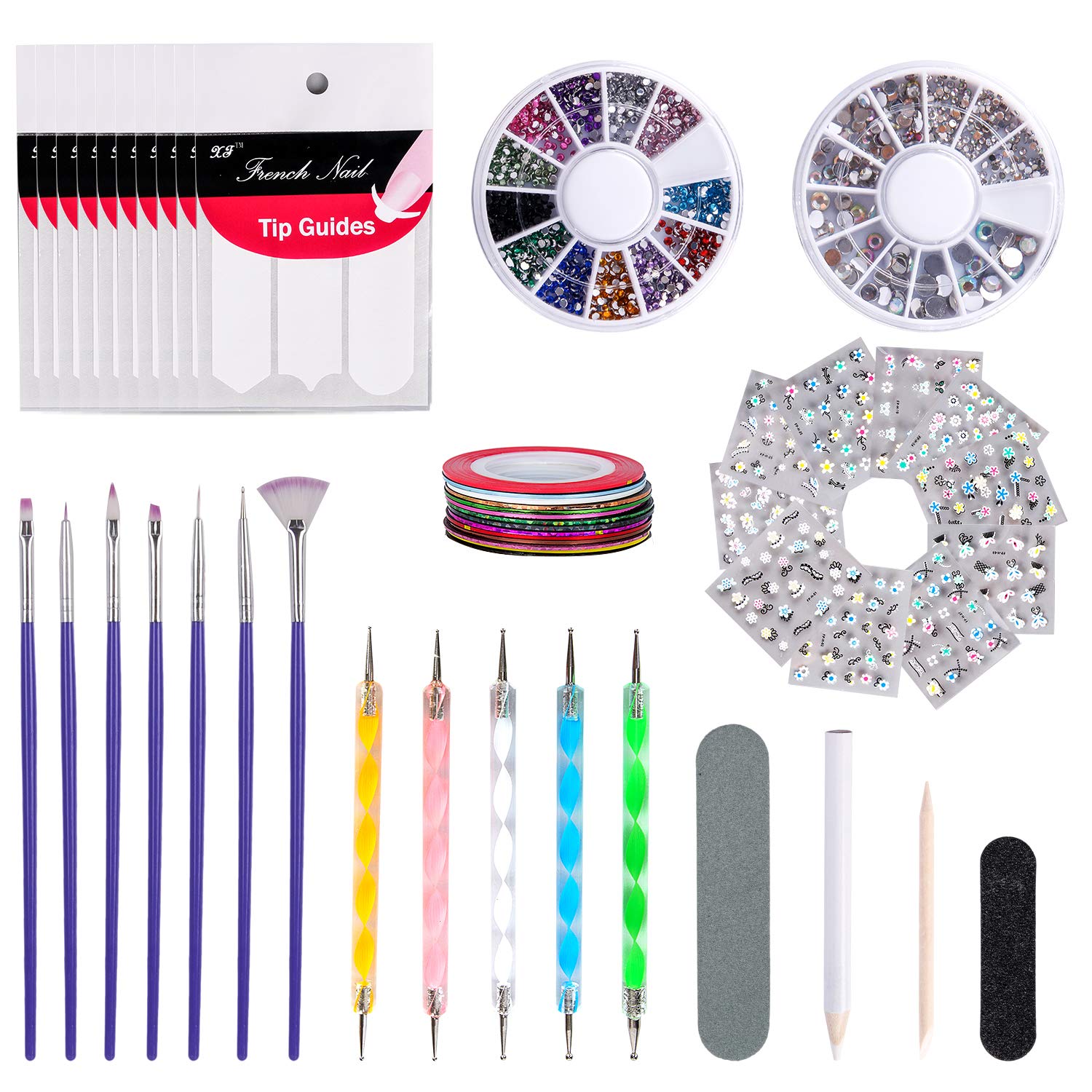 Nail Art kit Brushes Decorations include 7 Painted pen,5 Dotting Pens,1 AB diamonds,1 Colored diamonds disc,10 Gold and silver wires,10French sticker,1Dotting diamonds Pencil&Polishing block&Nail file