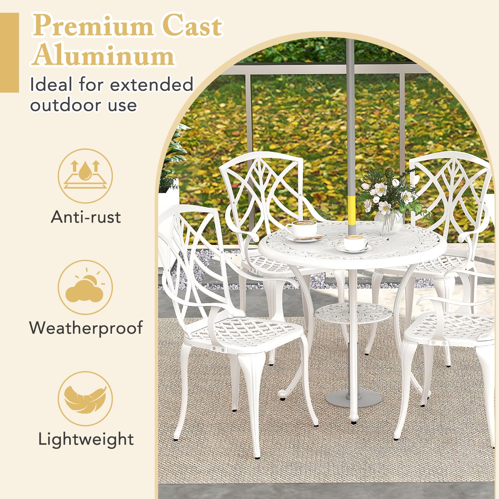 KOMFOTTEU Juego de Muebles de Jardín para 4 Personas, Conjunto de 4 Sillas y 1 Mesa con Agujero para Sombrilla, Juego de Bistró de Aluminio Fundido para Terraza, Balcón