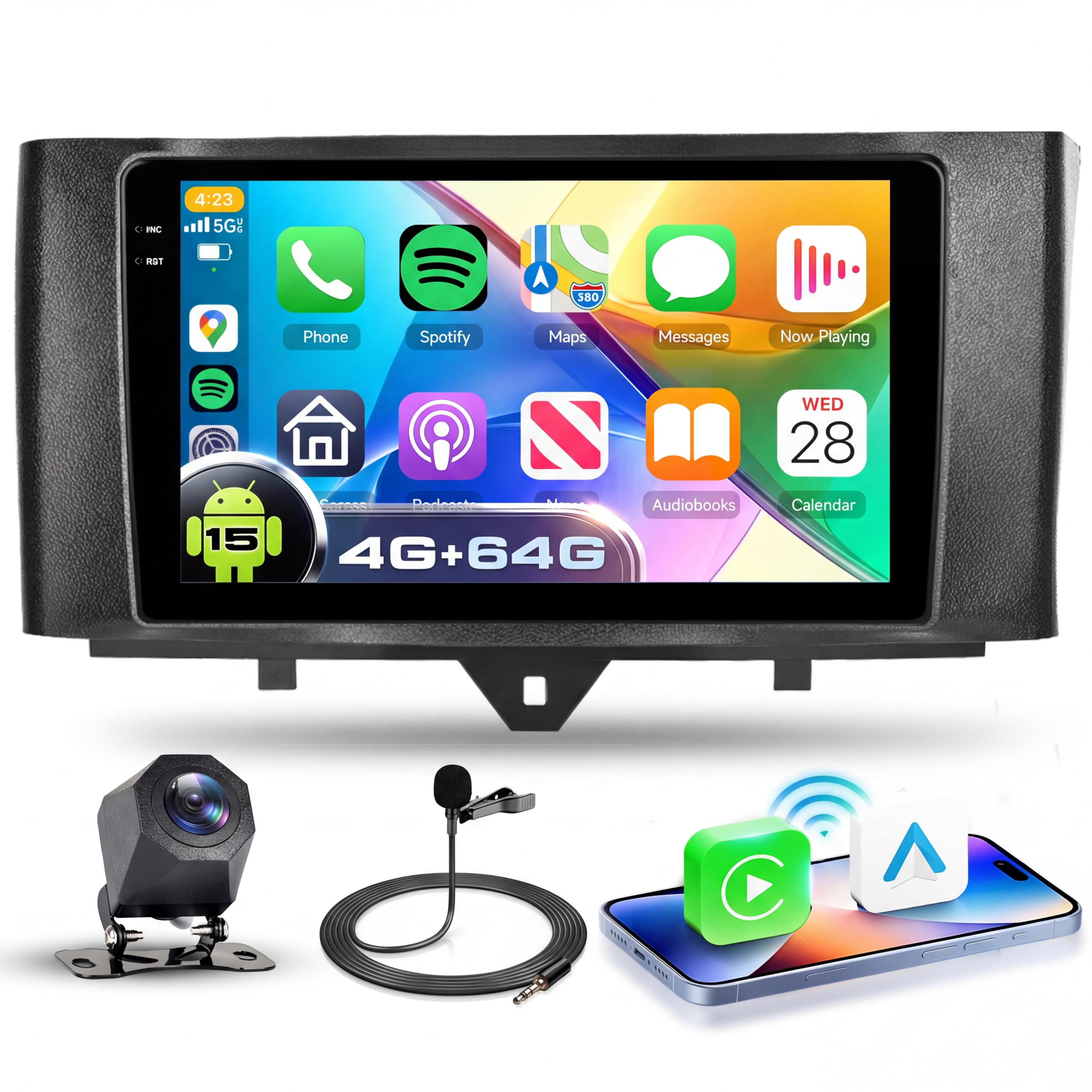 VECHTEL Radio samochodowe 4G+64G Android 15 dla Mercedes-Benz Smart 2011-2015, ekran dotykowy 9'' In-Cell HD z bezprzewodowym systemem Android Carplay, automatyczne radio, wsparcie GPS Wi-Fi USB