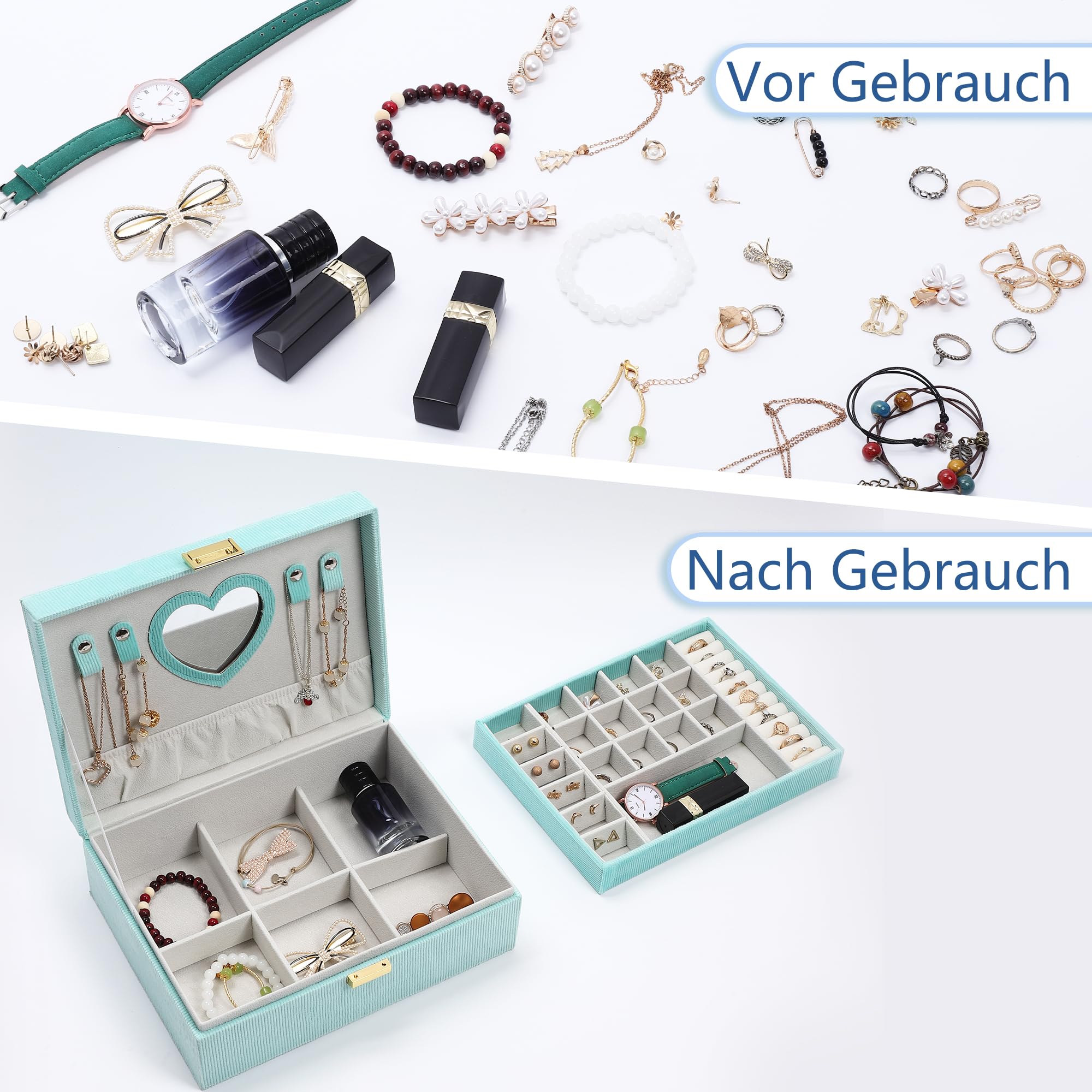 Dajasan Portagioie Donna, Porta Gioielli, Porta Gioie Donna da Camera, 2 Livelli Grande Scatola Portagioie di Velluto per Anelli, Collane, Bracciali, Orologi, Orecchini (Verde)