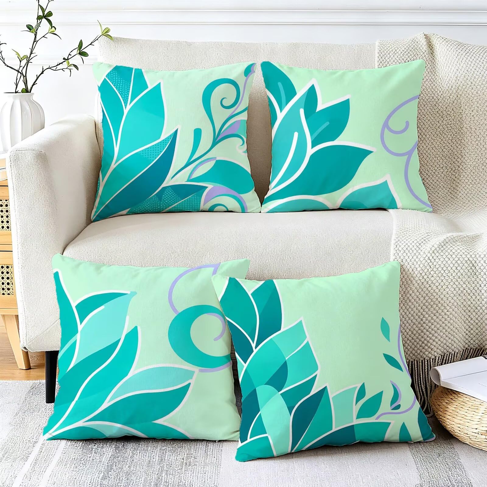 Blu Federe Cuscini Divano 40x40cm, Cuscini da Esterno Set de 4, Cod-81 | Lin Copricuscini Decorativi Letto Arredo, per Letto, Soggiorno, Giardino, Esterno, Casa Decorazione Set di 4 Foglie