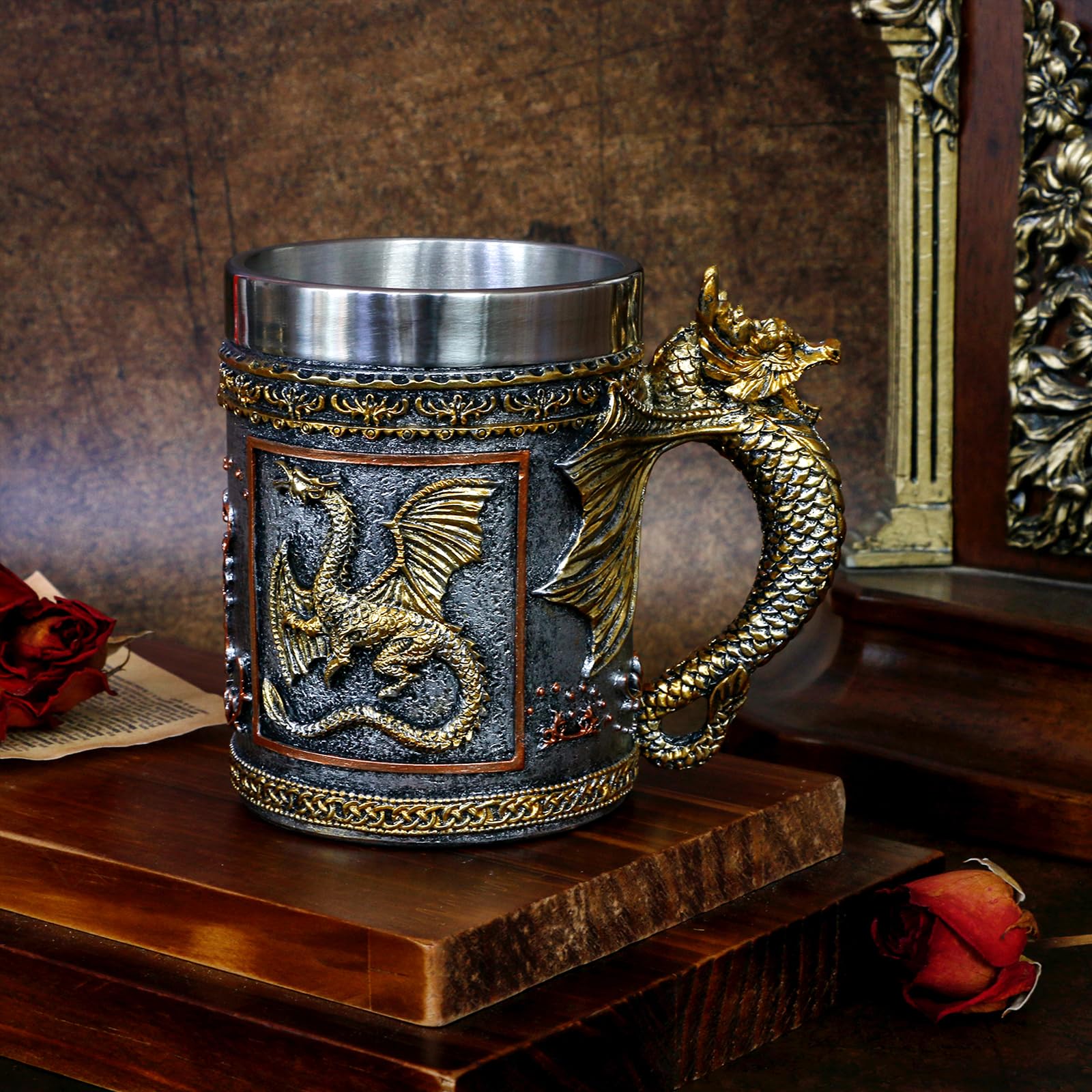 alikiki Medieval D&D Dragon Coffee Mug - 15.8oz Stainless Gold Roaring Dragon Beer Drink Mug for GOT Lovers Collector Ideal Novelty Gothic Father Day Gift Party Decoration