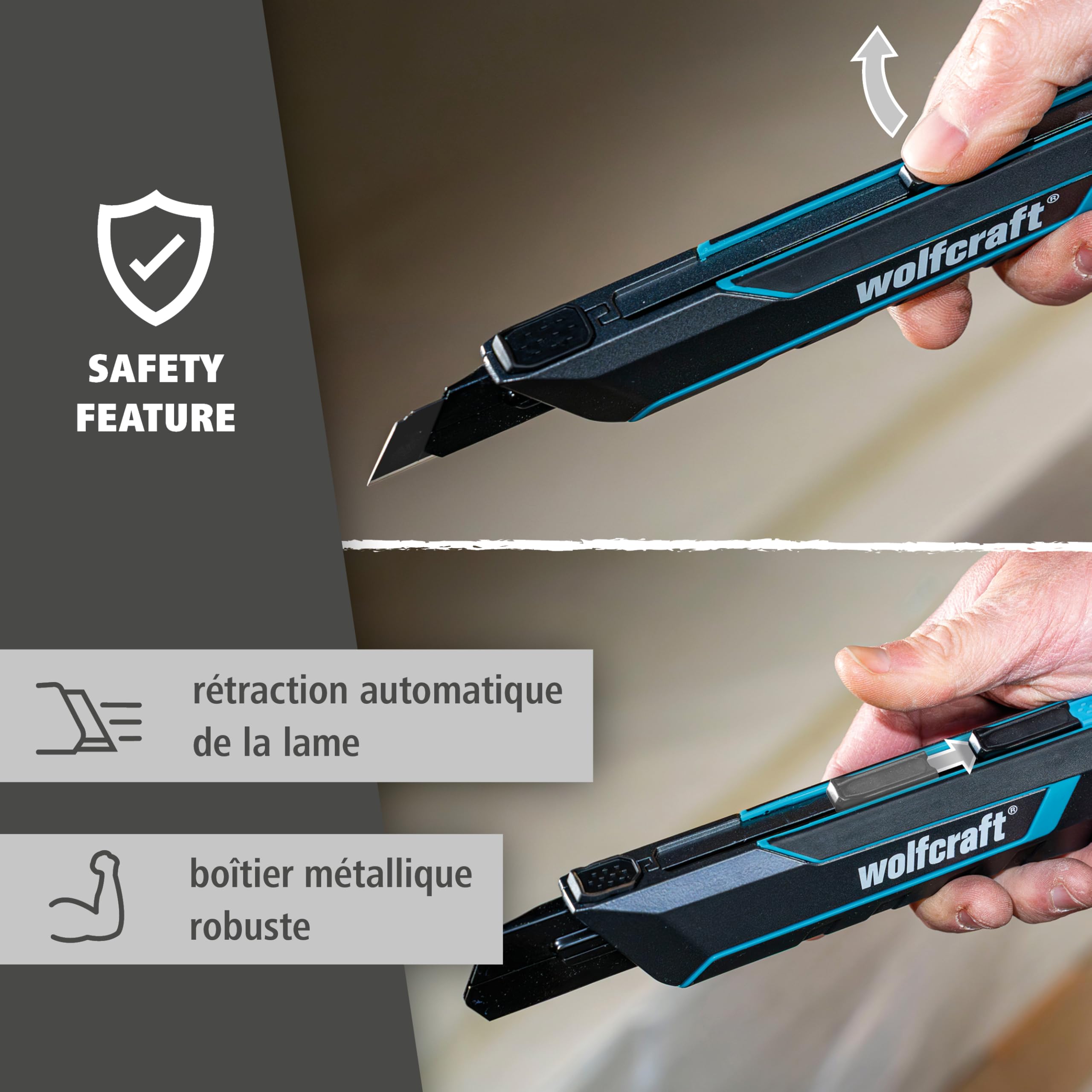 wolfcraft 4291000 - Cutter à lame sécable PRO SAFETY, 25 mm - Cutter professionnel ultra-tranchant avec une ergonomie optimale pour les gauchers et les droitiers